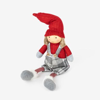 Figura decorativa Muñeco niño sentado con peto a cuadros 46cm