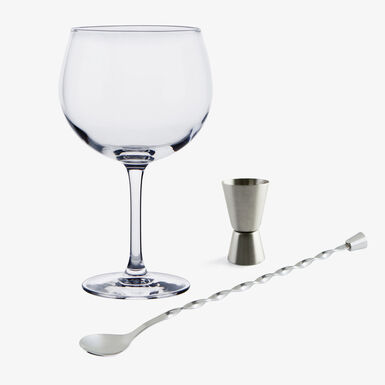 Set de 4 copas de vidrio, cuchara de cocktail y vaso medidor 