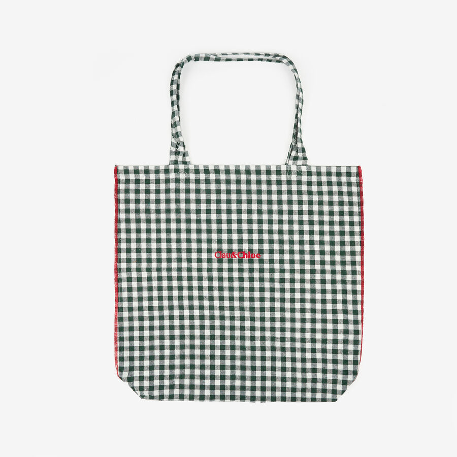 Bolso de algod&oacute;n de cuadros vichy verde Noa 46x44x10cm Clau&Chloe