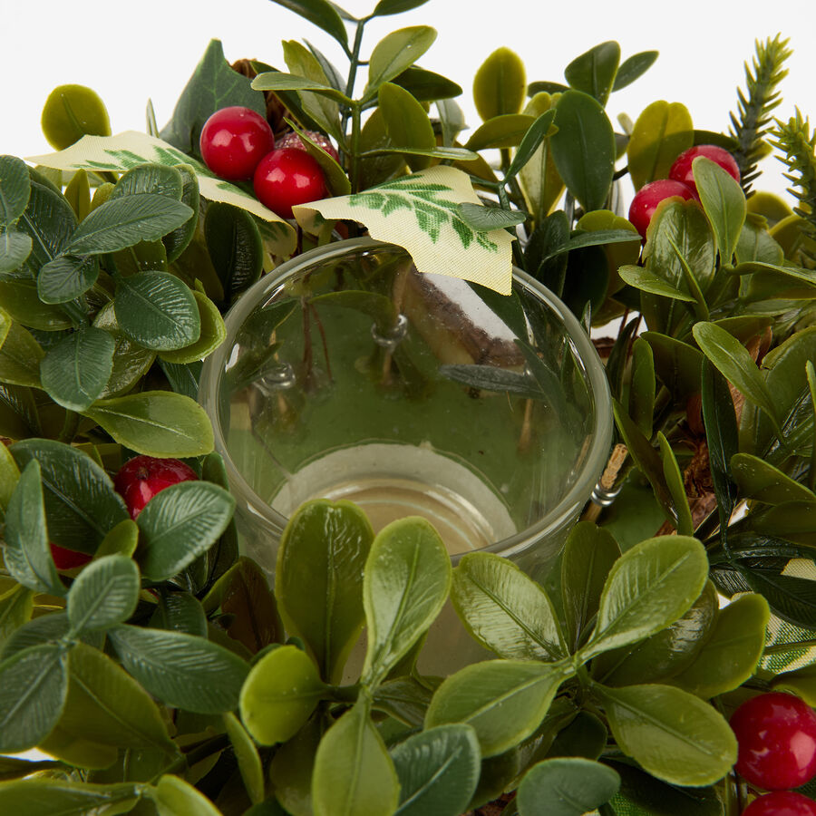 Portavelas de acebo y piñas Ø18x8cm