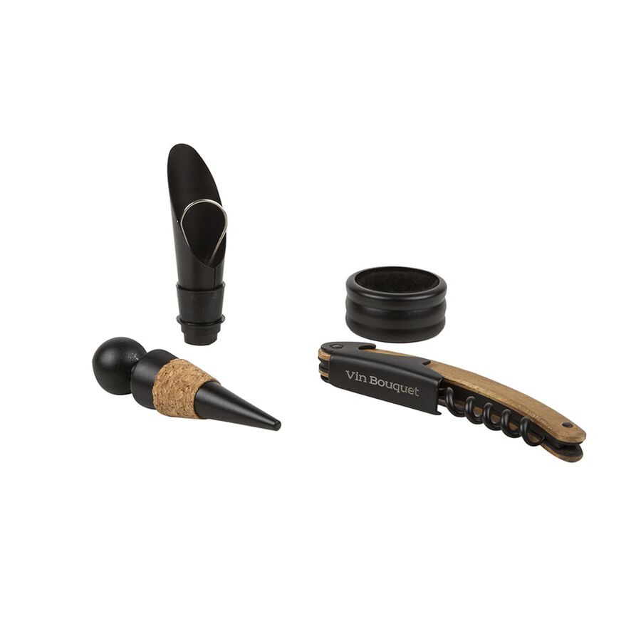 Set de corcho y 4 accesorios de vino