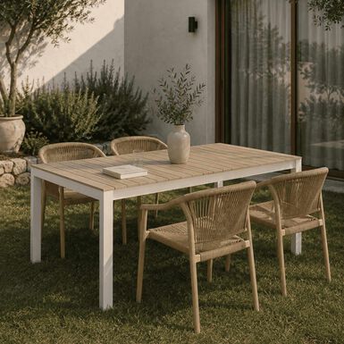 Mesa de jard&iacute;n extensible de aluminio blanco con efecto madera Albir 135/270x90x76cm