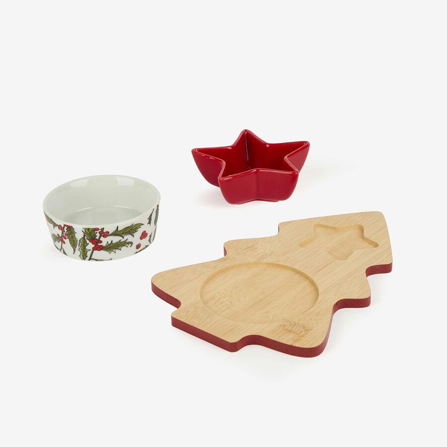 Set bandeja abeto de bamb&uacute; con 2 boles navide&ntilde;os