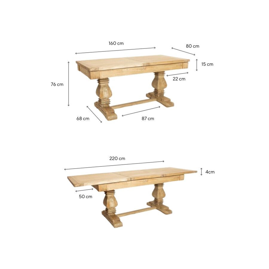 Mesa de comedor extensible de madera de olmo reciclada Toulouse 160/220x80x76cm