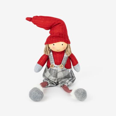 Figura decorativa Muñeco niño sentado con peto a cuadros 46cm