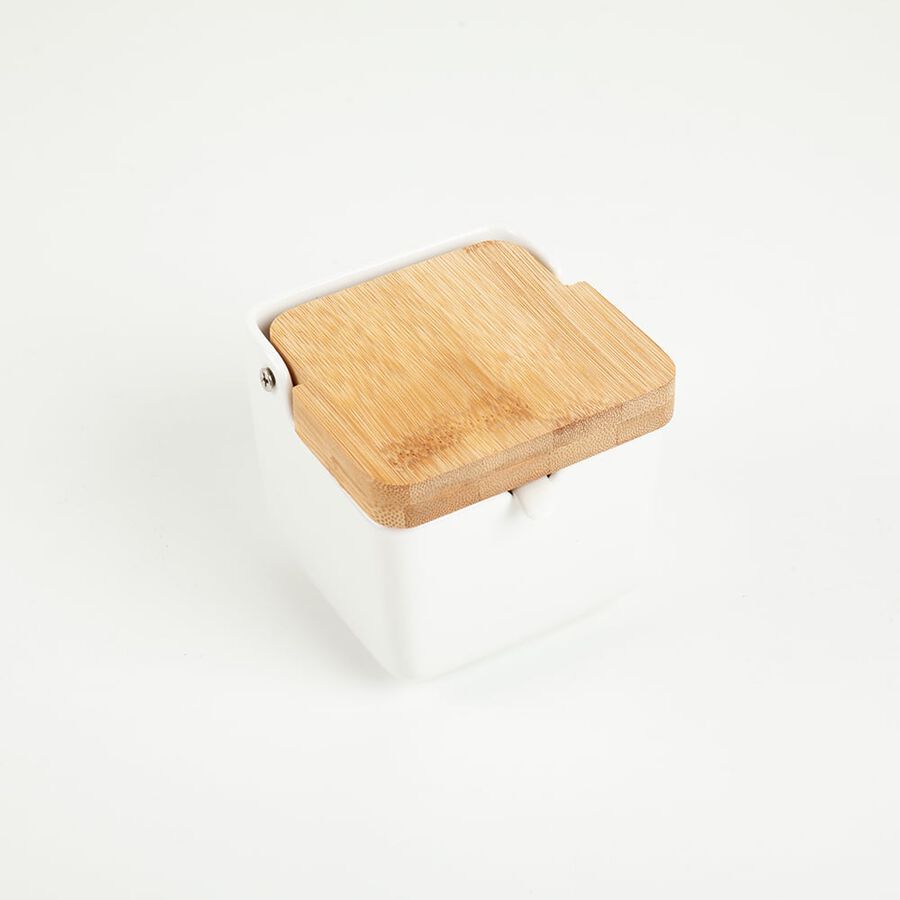 Azucarero cerámica con tapa bambú 8x8x8
