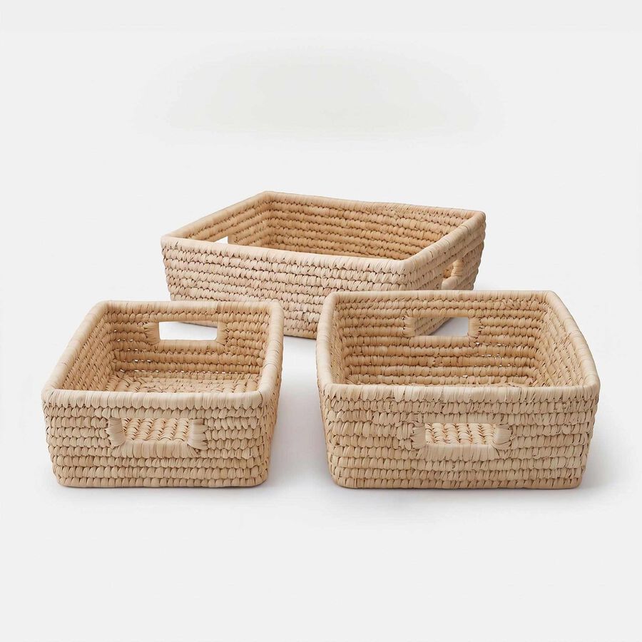 Set de 3 cestas rectangulares de fibra natural marr&oacute;n con asas