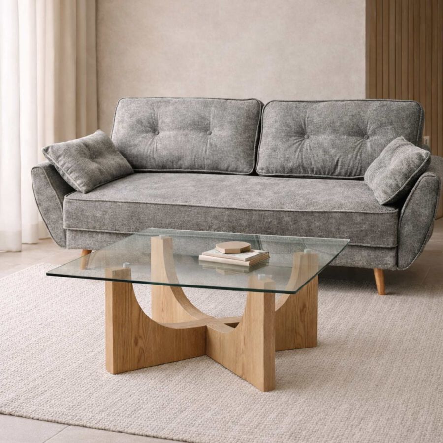 Mesa de centro de cristal y madera DM Mil&aacute;n 85x85x45cm