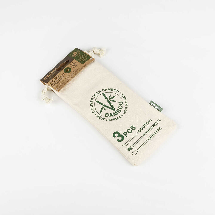 Set de 3 cubiertos reutilizables de bambú