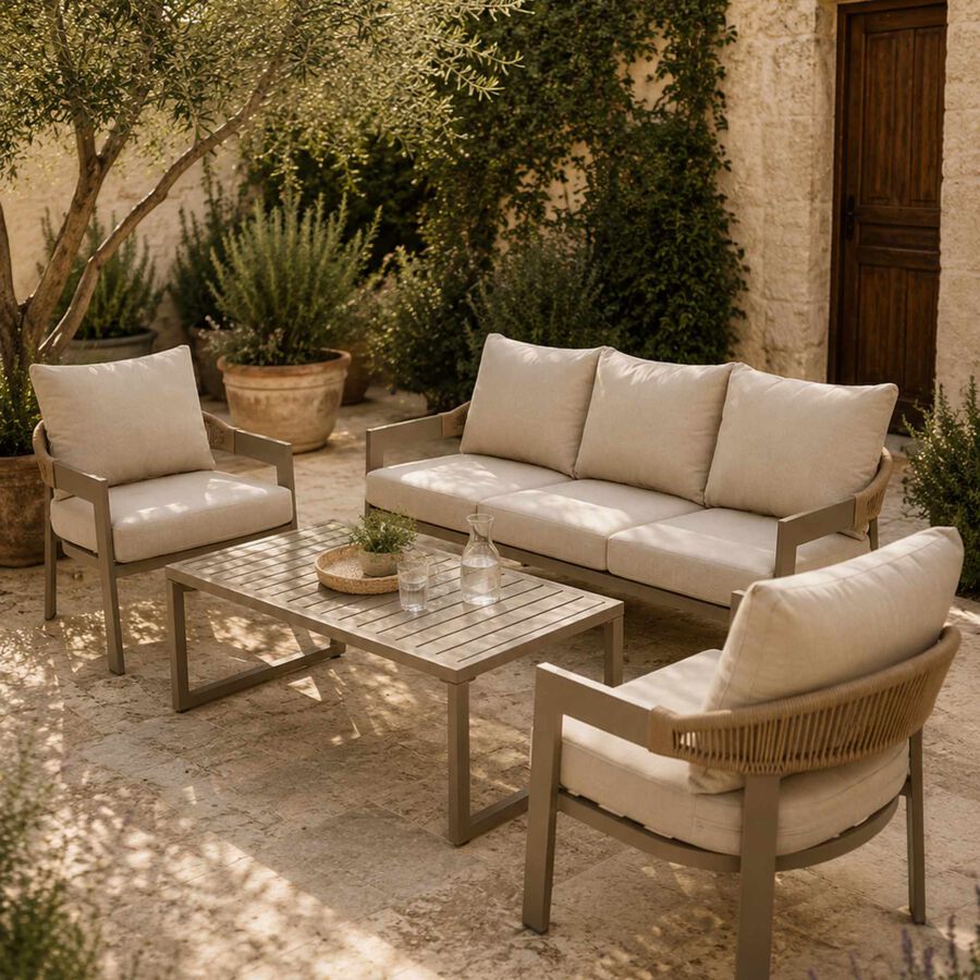 Set de jard&iacute;n de 4 piezas de aluminio y cuerda beige Portofino