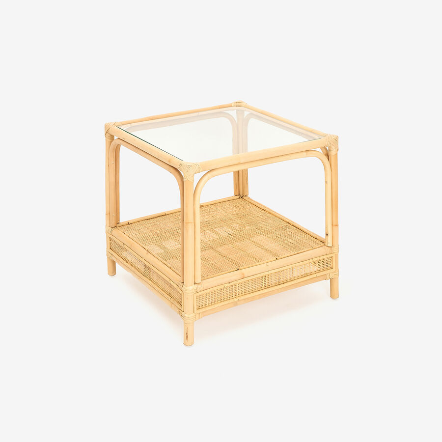 Mesa auxiliar de ratán y cristal Corvo 55x55x50cm