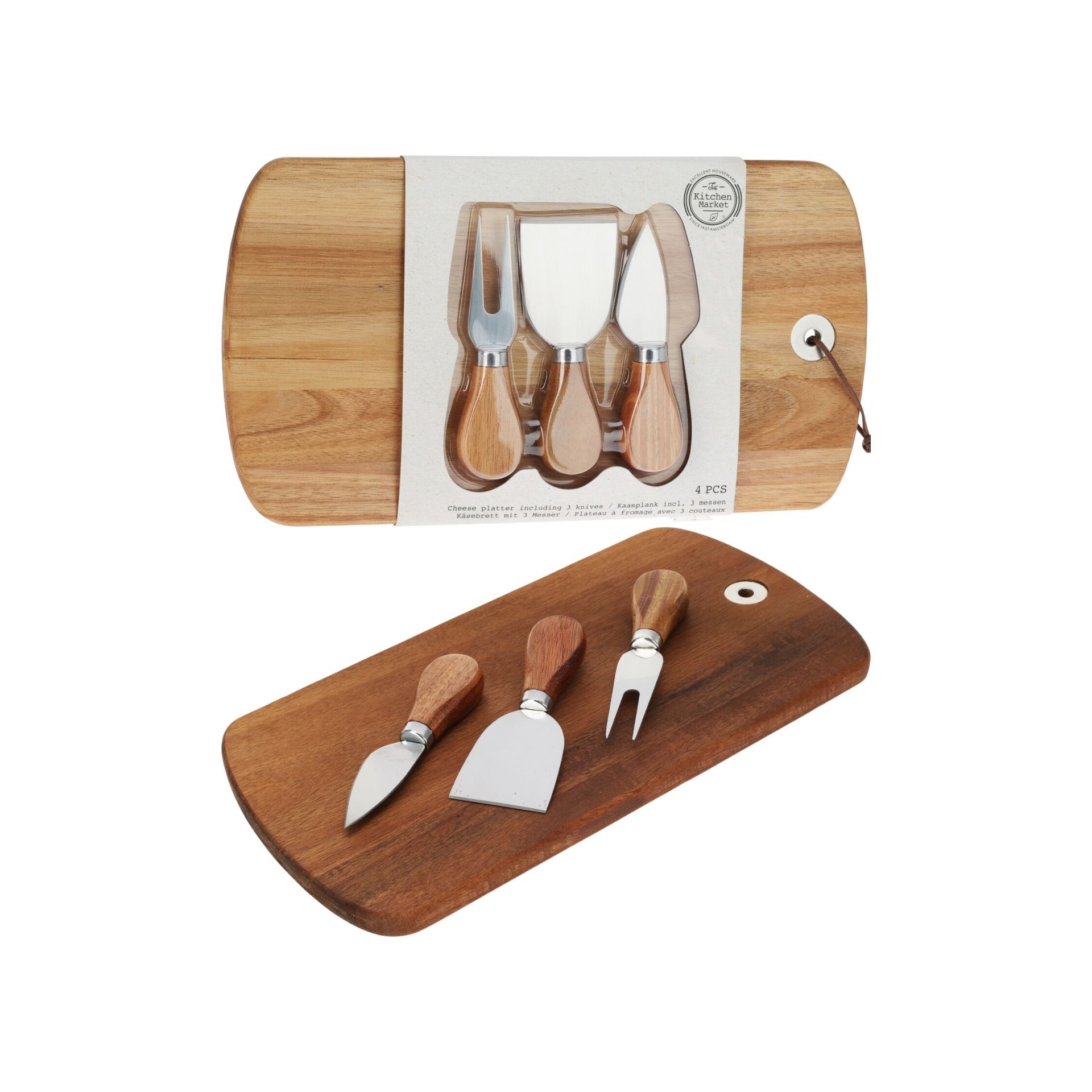 Tabla de quesos de madera de acacia con 3 utensilios