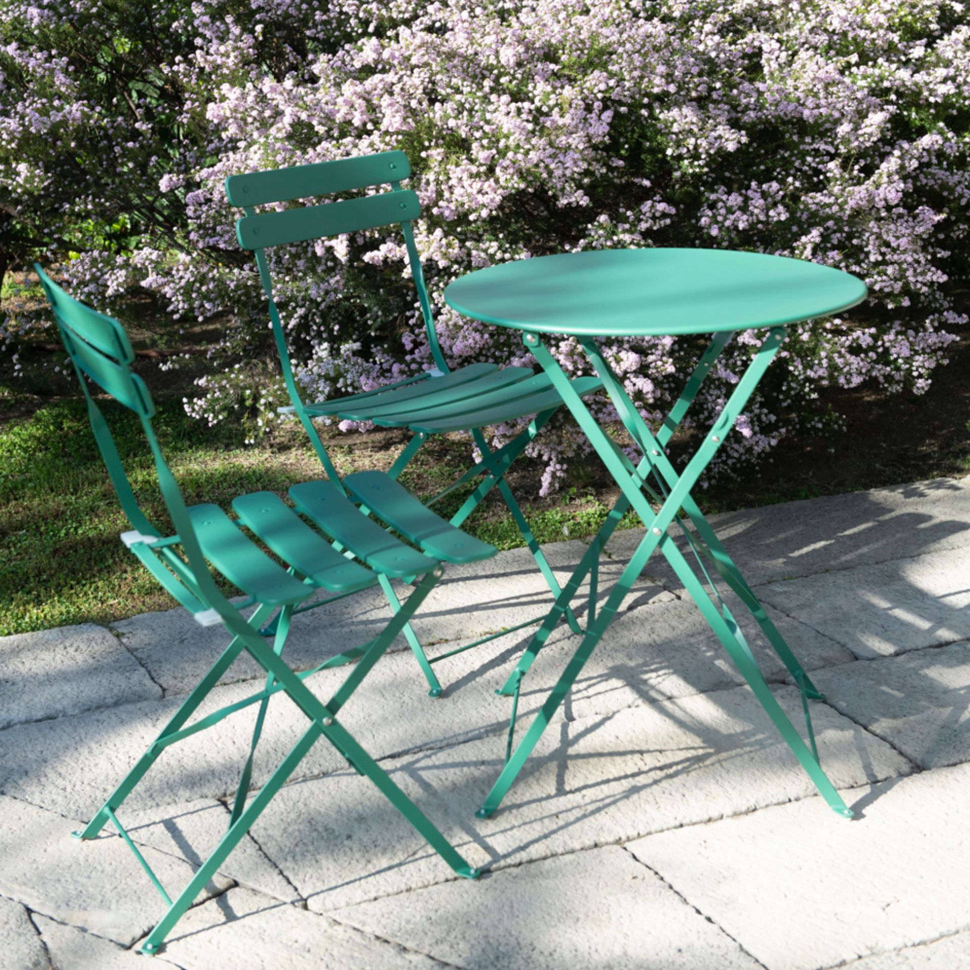 Set de jardín plegable de mesa y 2 sillas de acero verde Bistro