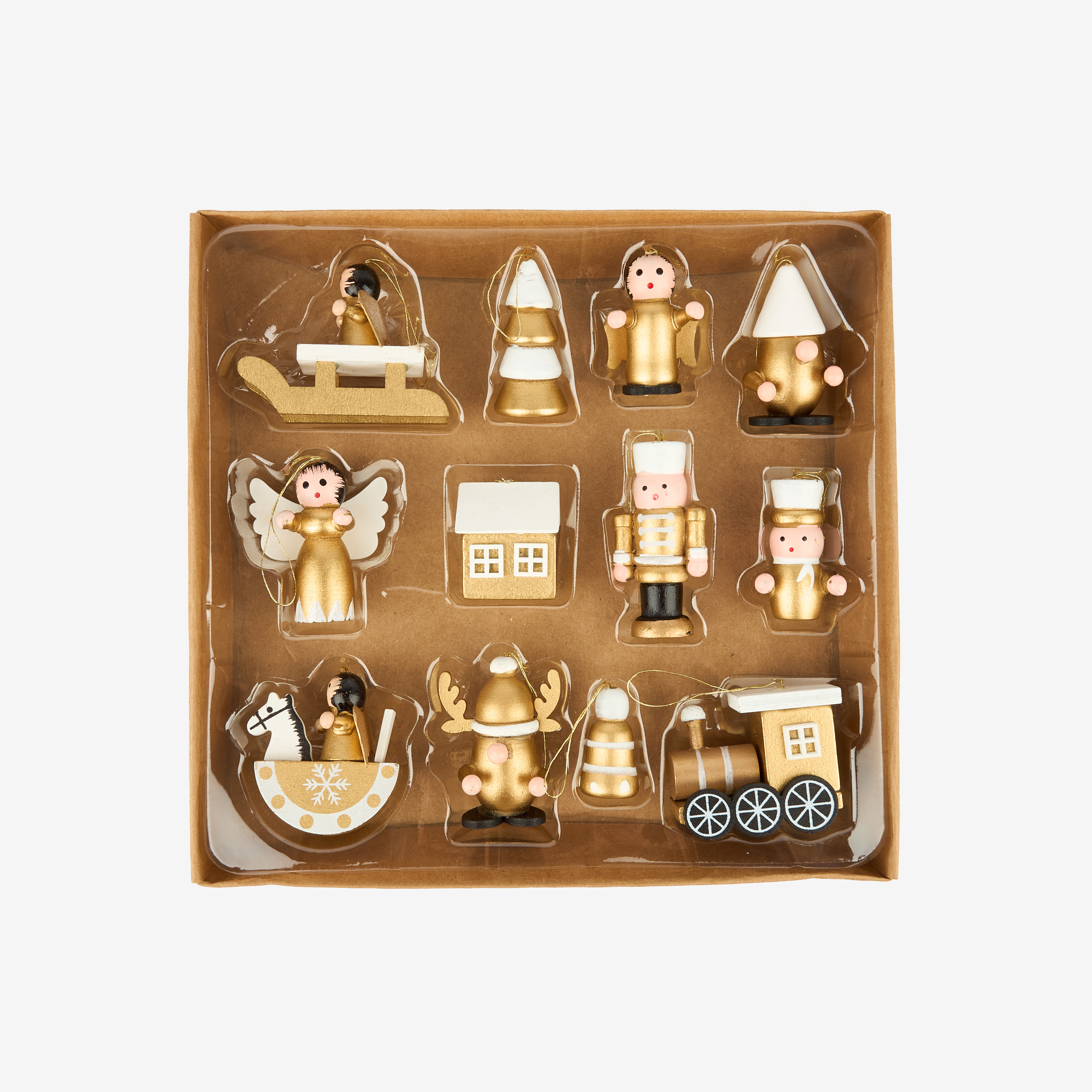 Set de 12 adornos colgantes de madera dorados