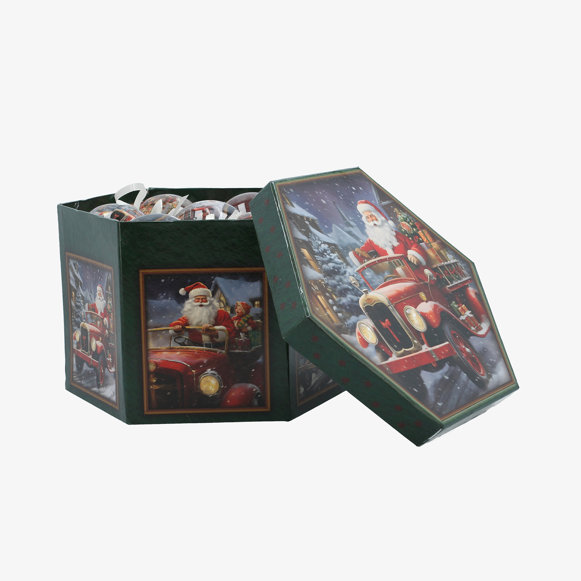 Set de 14 bolas de Navidad de Pap&aacute; Noel en coche &Oslash;7,5cm
