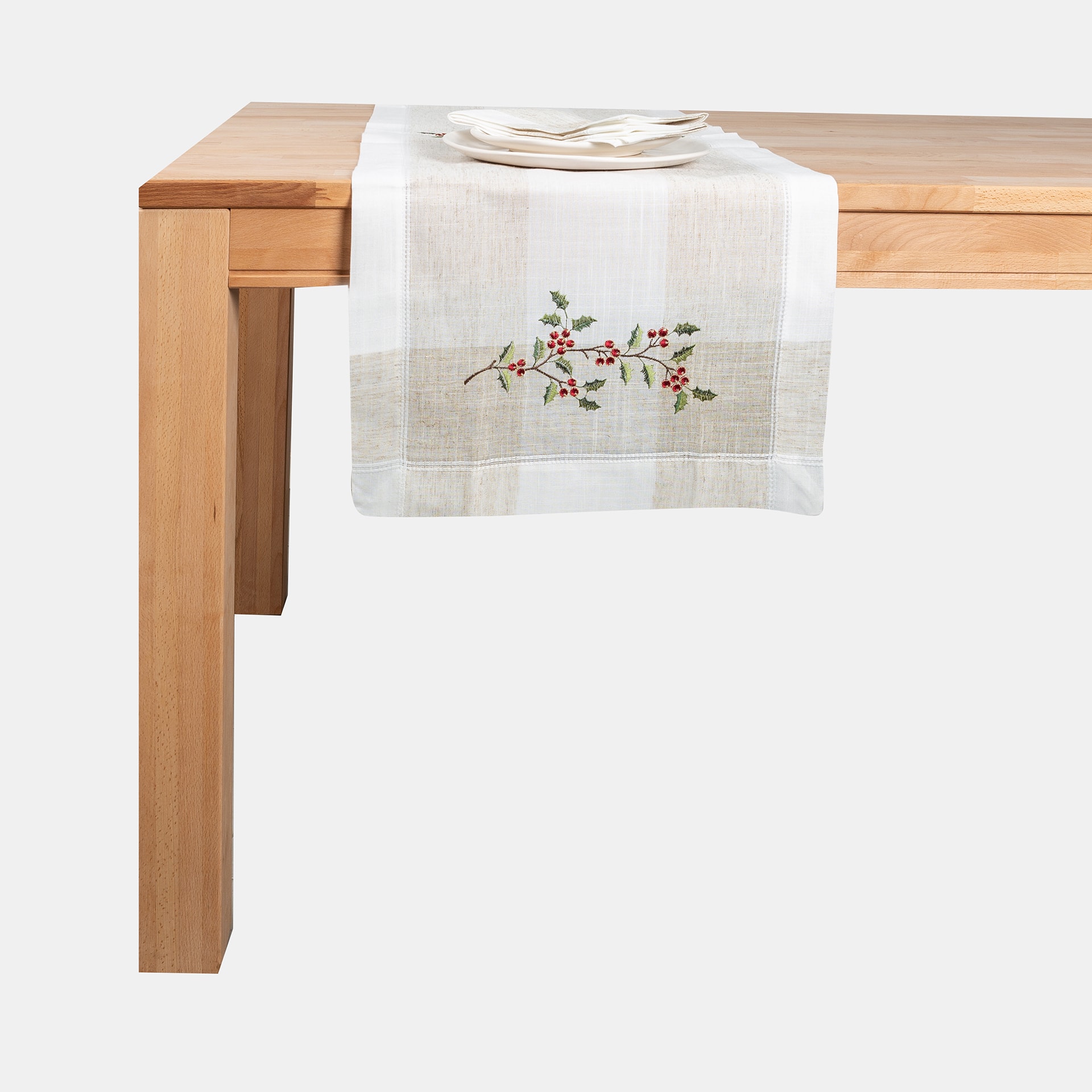 Camino de mesa blanco bordado Muérdago 40x140cm