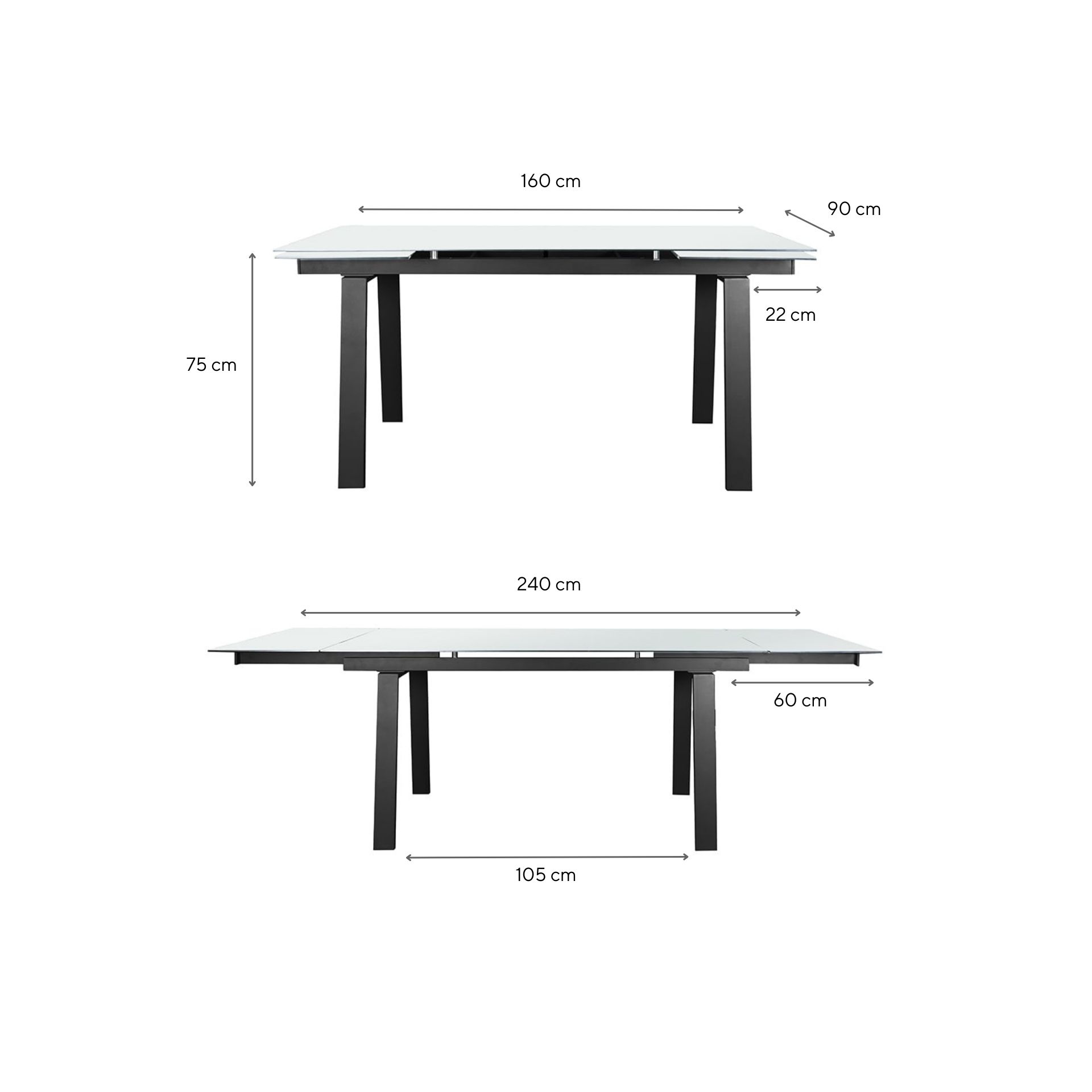 Mesa de comedor de cristal extensible Dallas 160/240x90x75cm