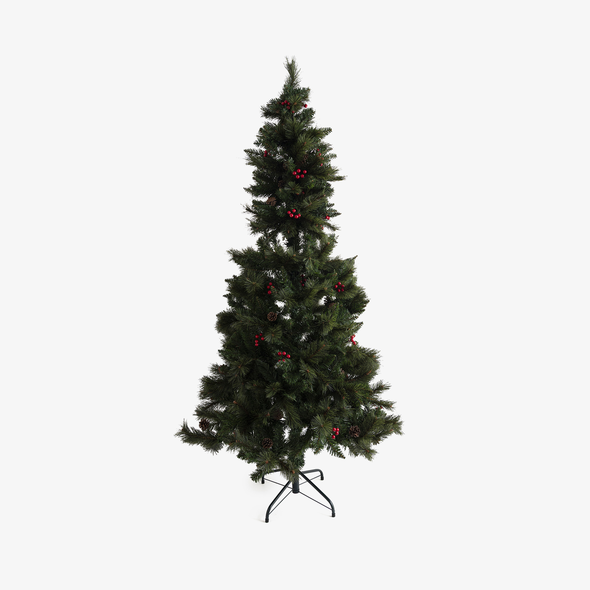&Aacute;rbol de Navidad verde con bayas rojas y pi&ntilde;as 180cm