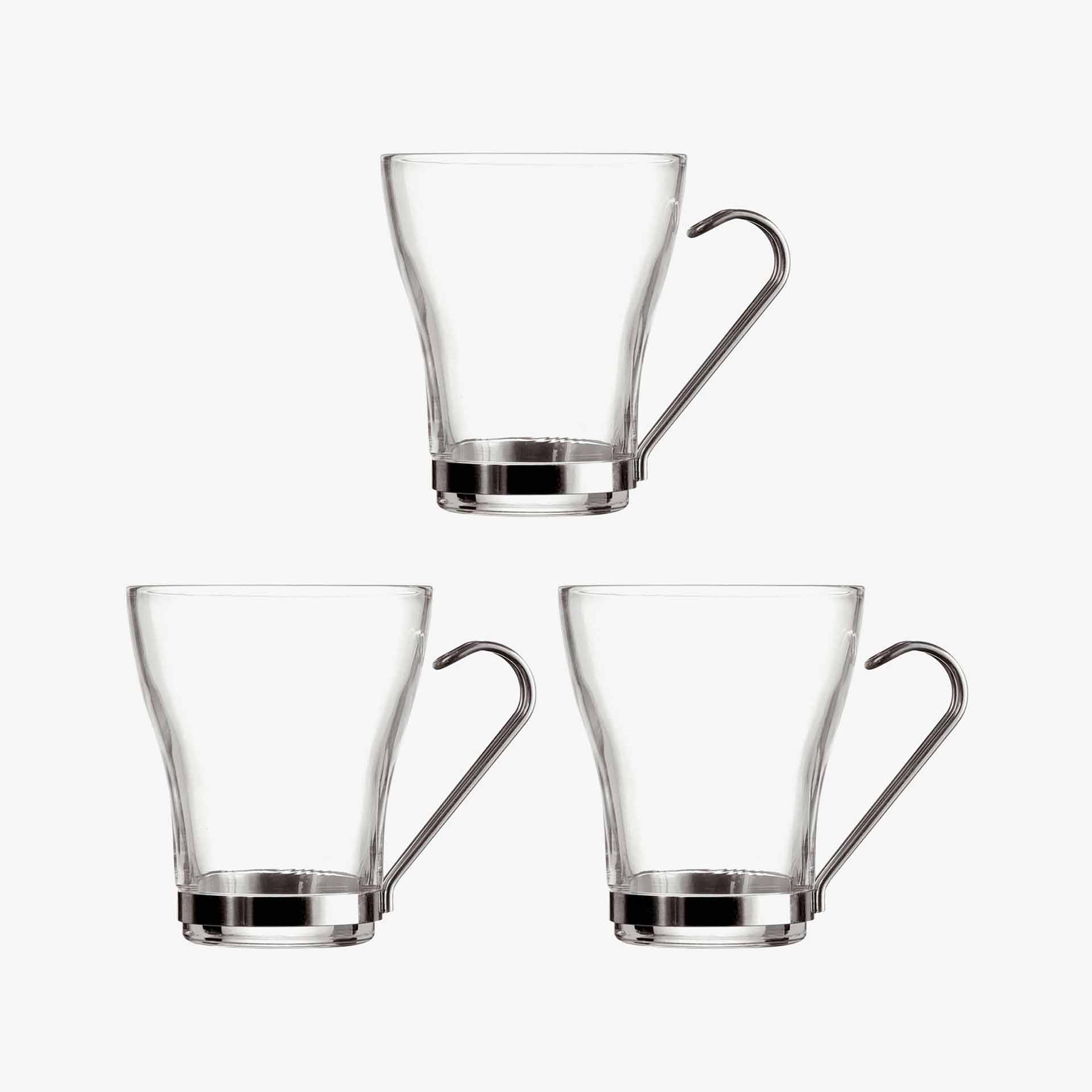 Set 3 Tazas de t&eacute; de cristal con asa de acero inoxidable Square 25cl
