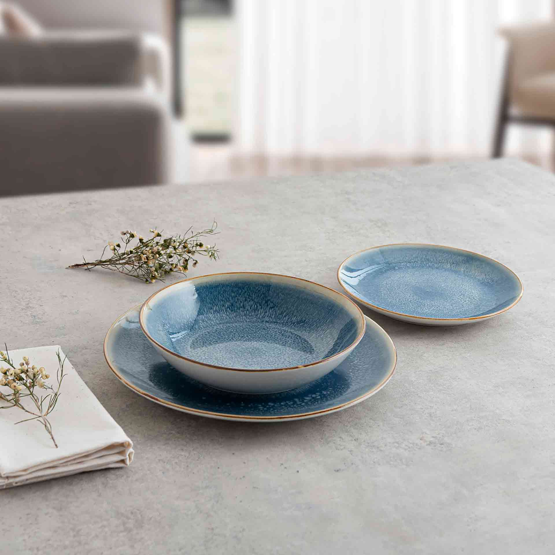 Vajilla de 12 piezas de porcelana azul Aura