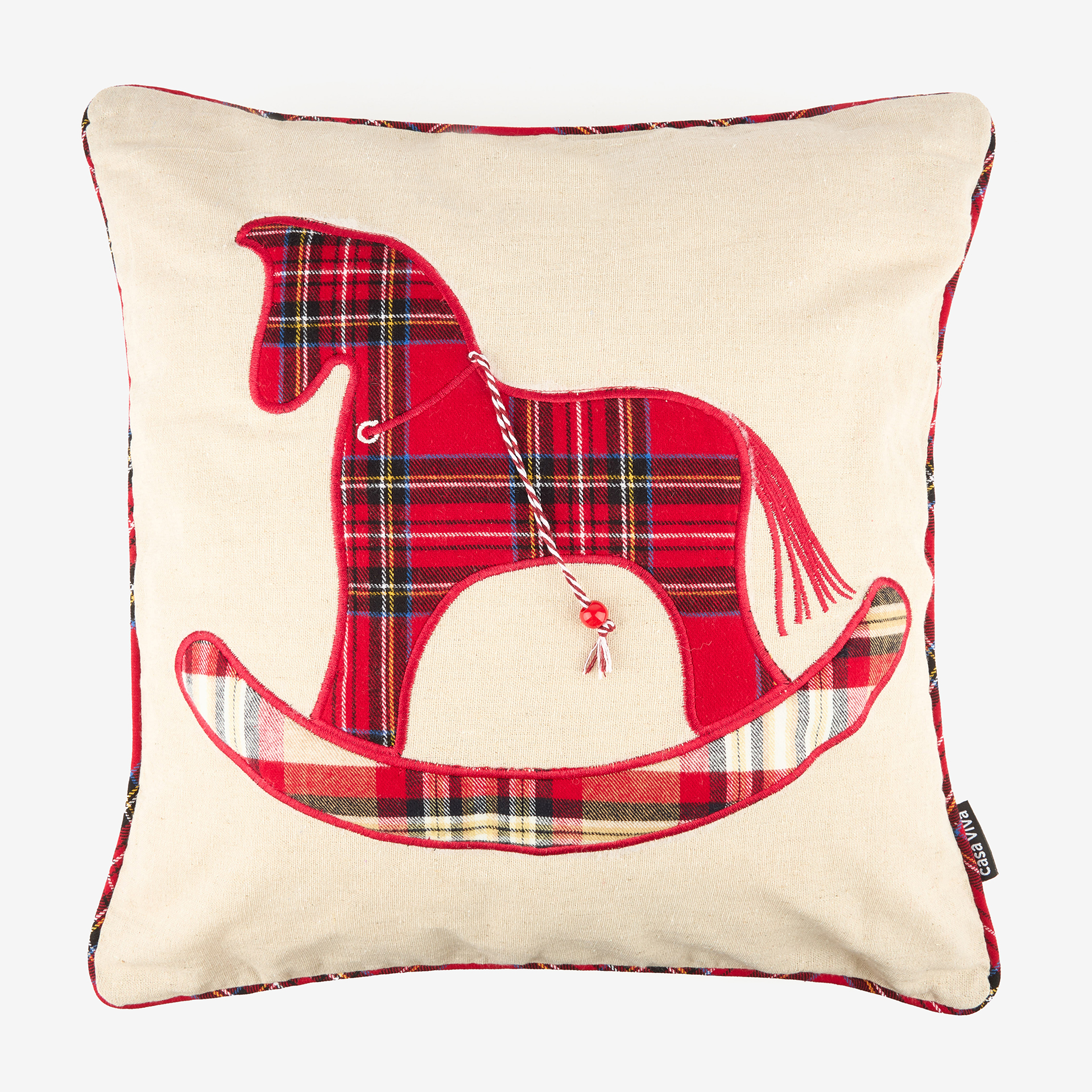 Funda de cojín Caballo balancín de tartán 45x45cm