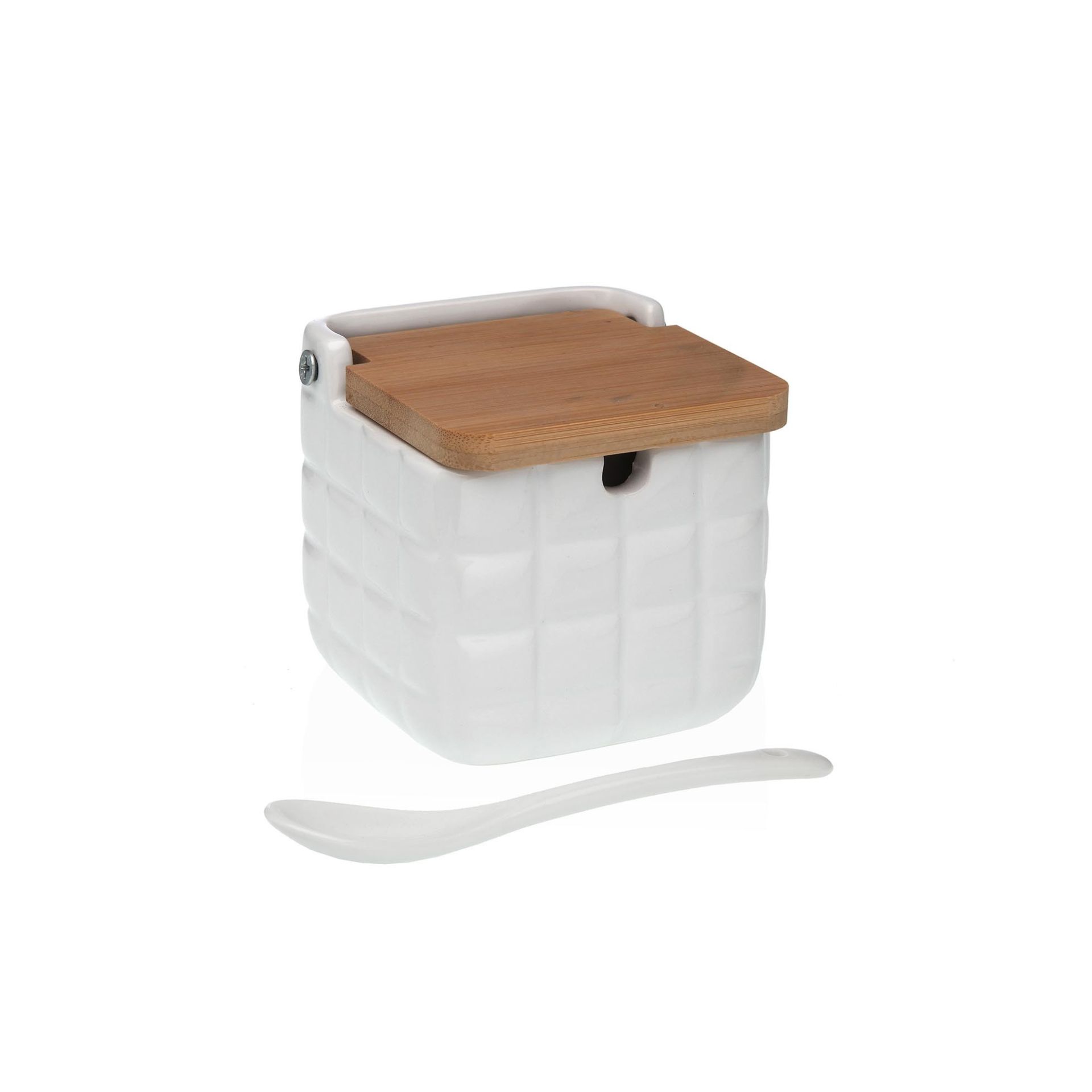 Azucarero de cerámica blanco con cuchara cuadros 8x8x8cm
