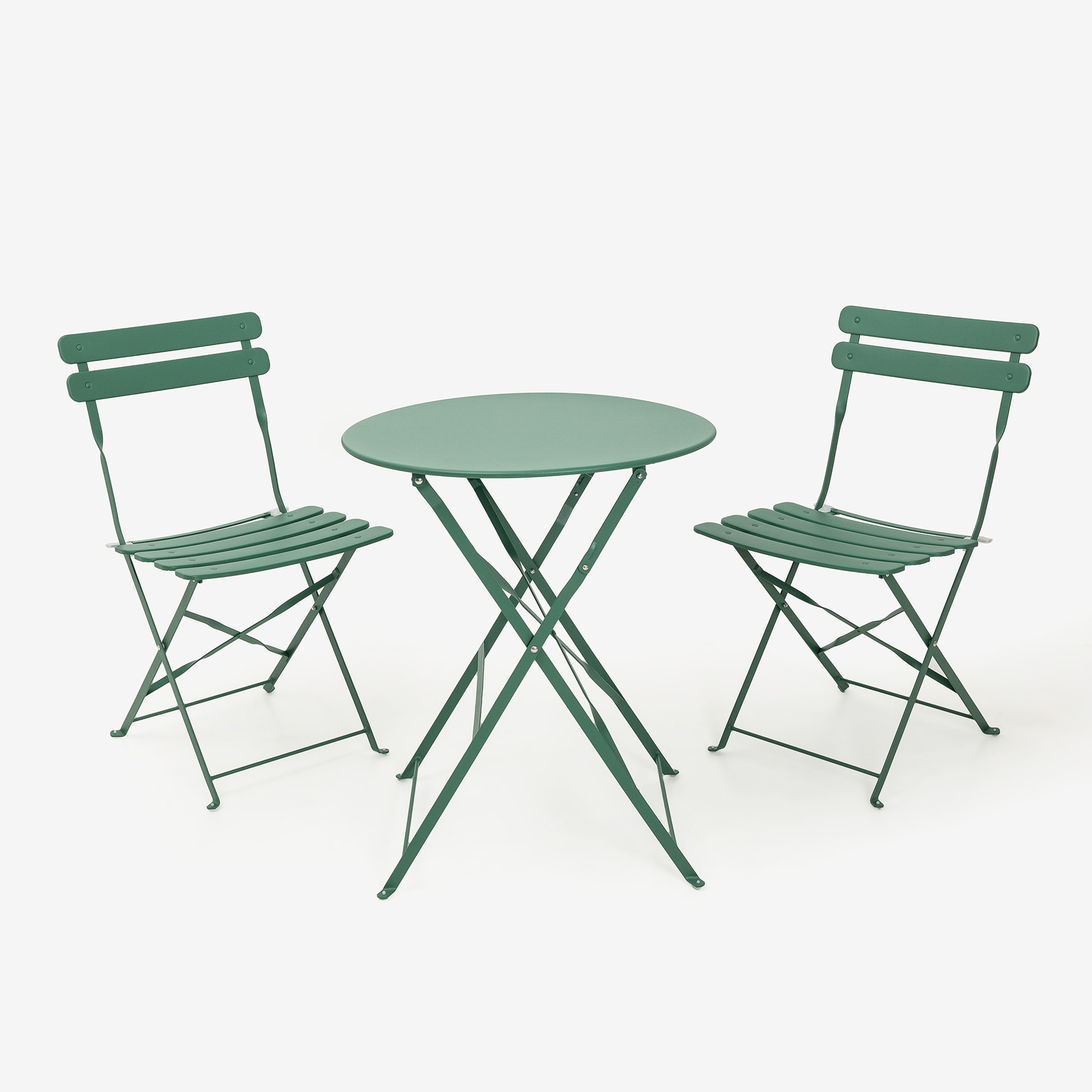 Set de jardín plegable de mesa y 2 sillas de acero verde Bistro