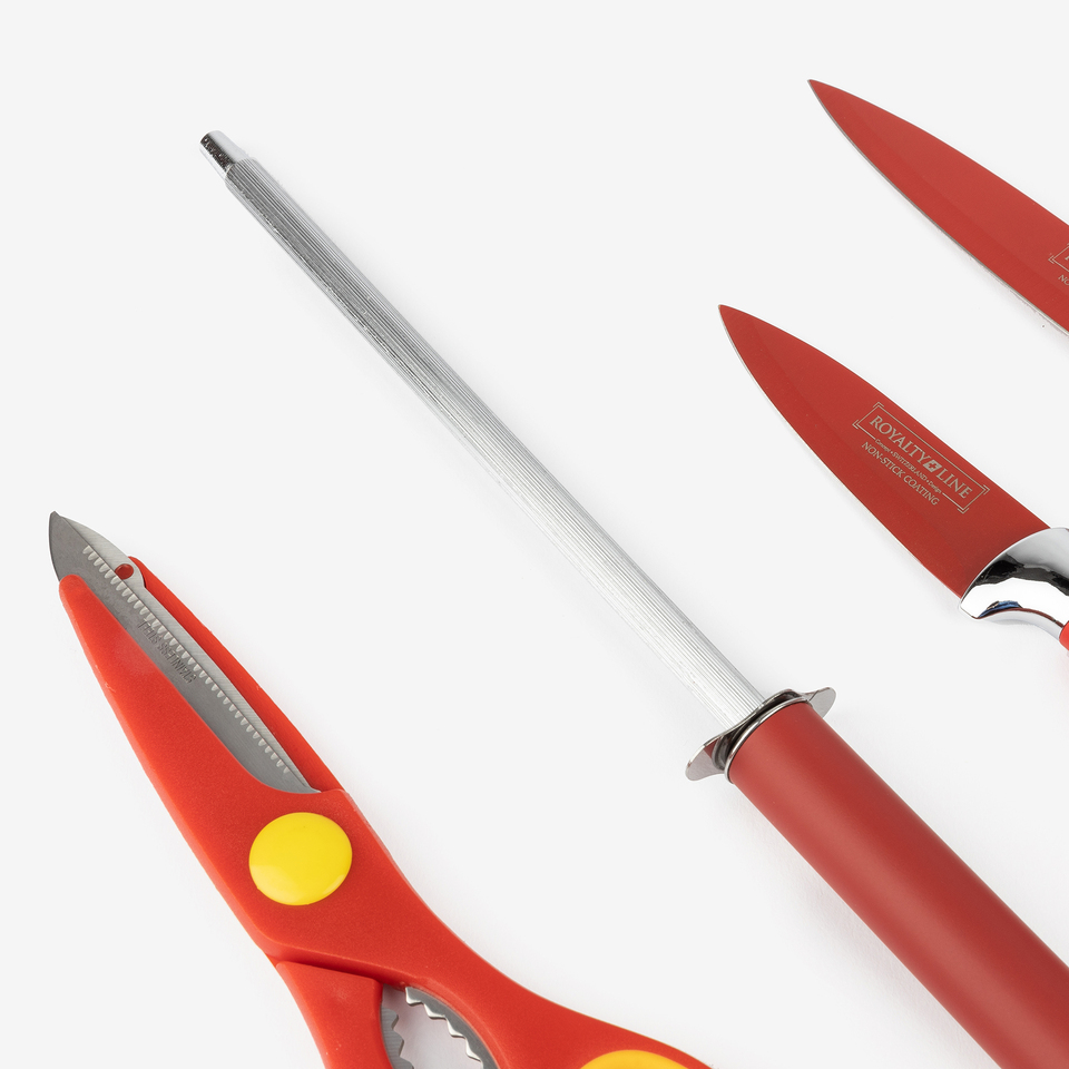 Set de 5 cuchillos y utensilios de acero inoxidable rojo