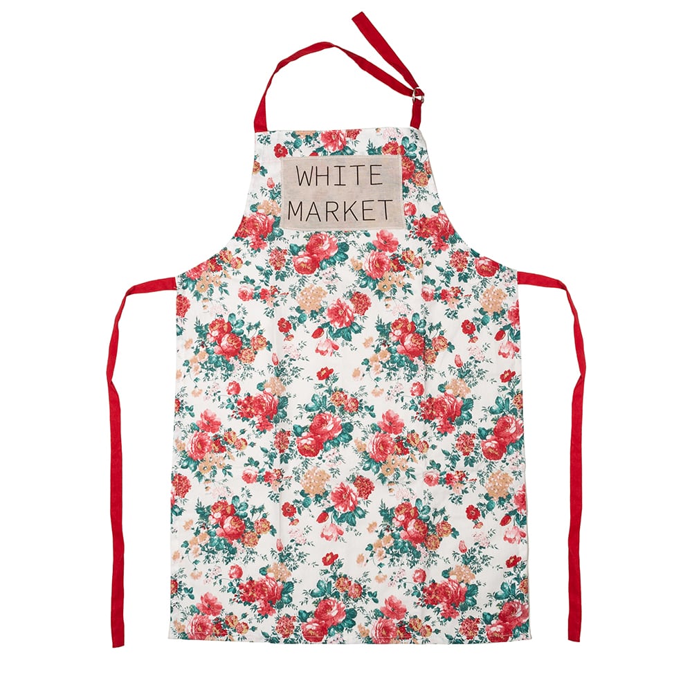 Delantal de algod&oacute;n blanco flores Wuxi 90x60cm