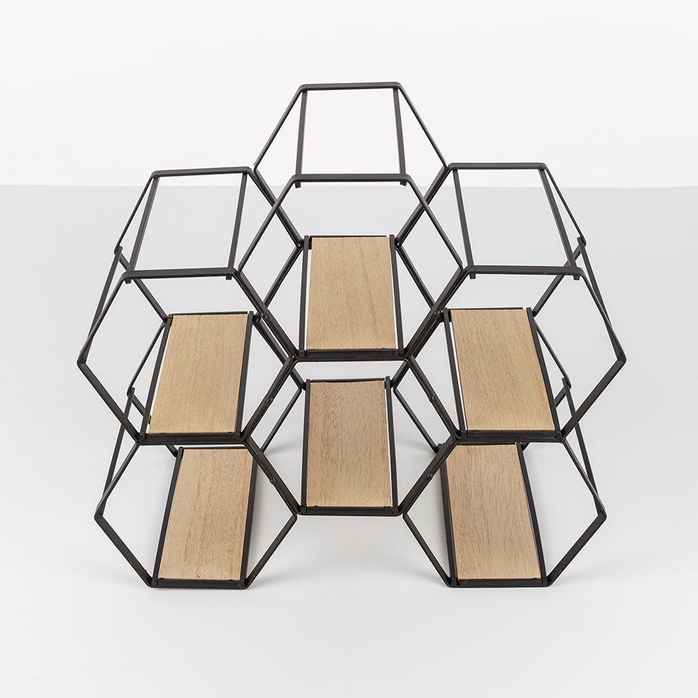 Botellero colmena de metal y madera para 6 botellas 29,5x15x25,5cm