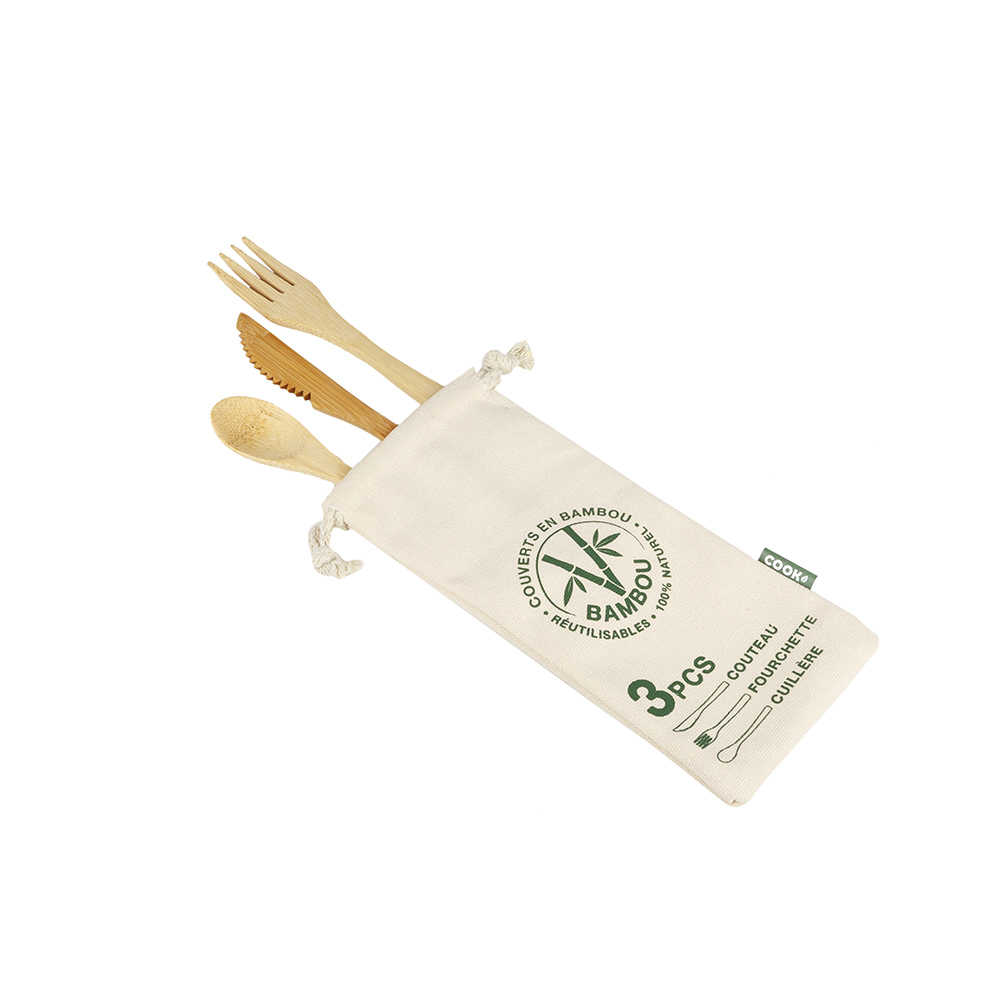 Set de 3 cubiertos reutilizables de bambú