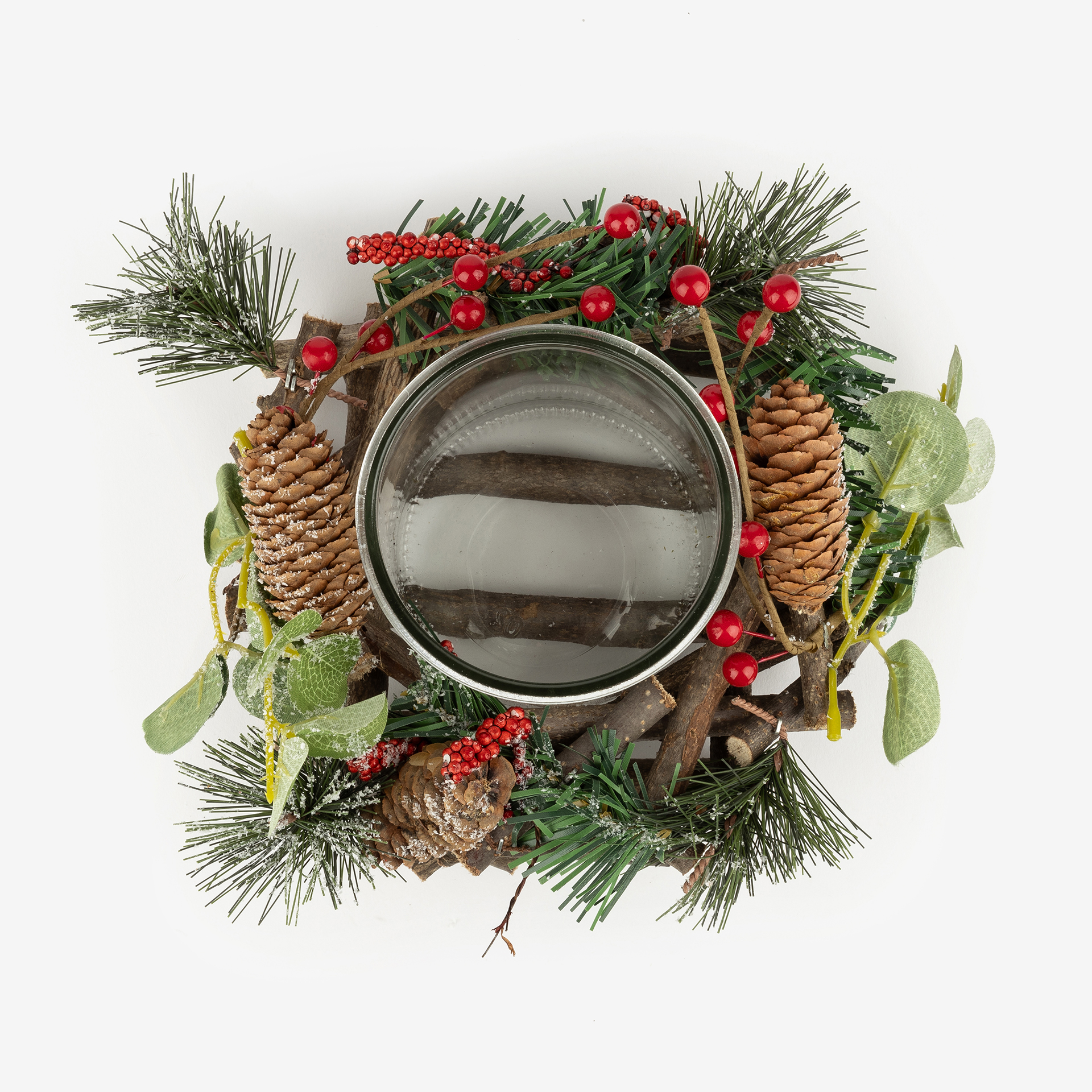 Portavelas bayas y piñas Ø20x12cm