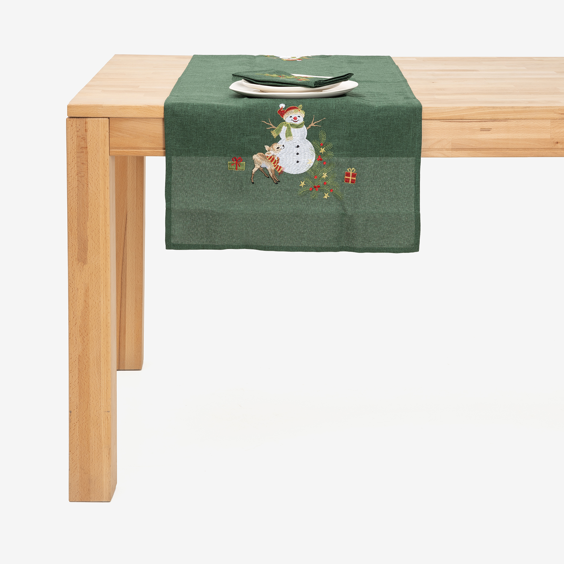 Camino de mesa verde con bordado Muñeco de nieve 50x150cm
