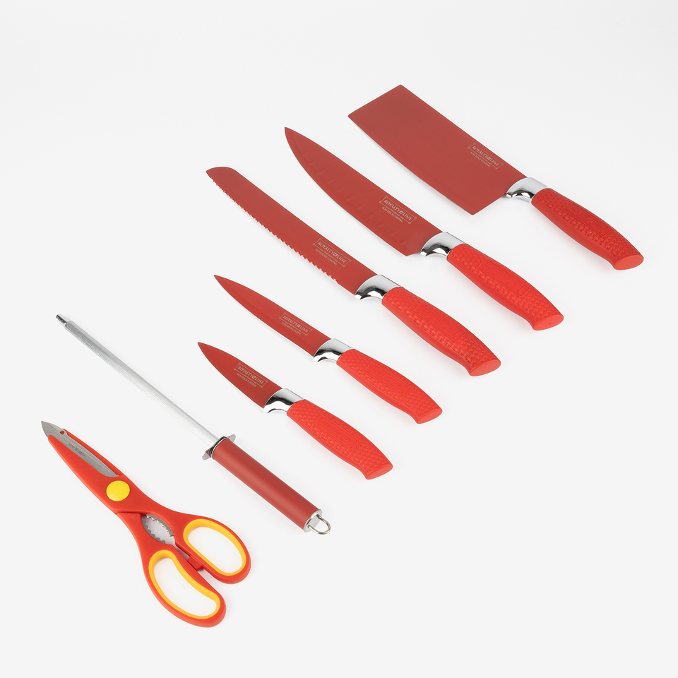 Set de 5 cuchillos y utensilios de acero inoxidable rojo