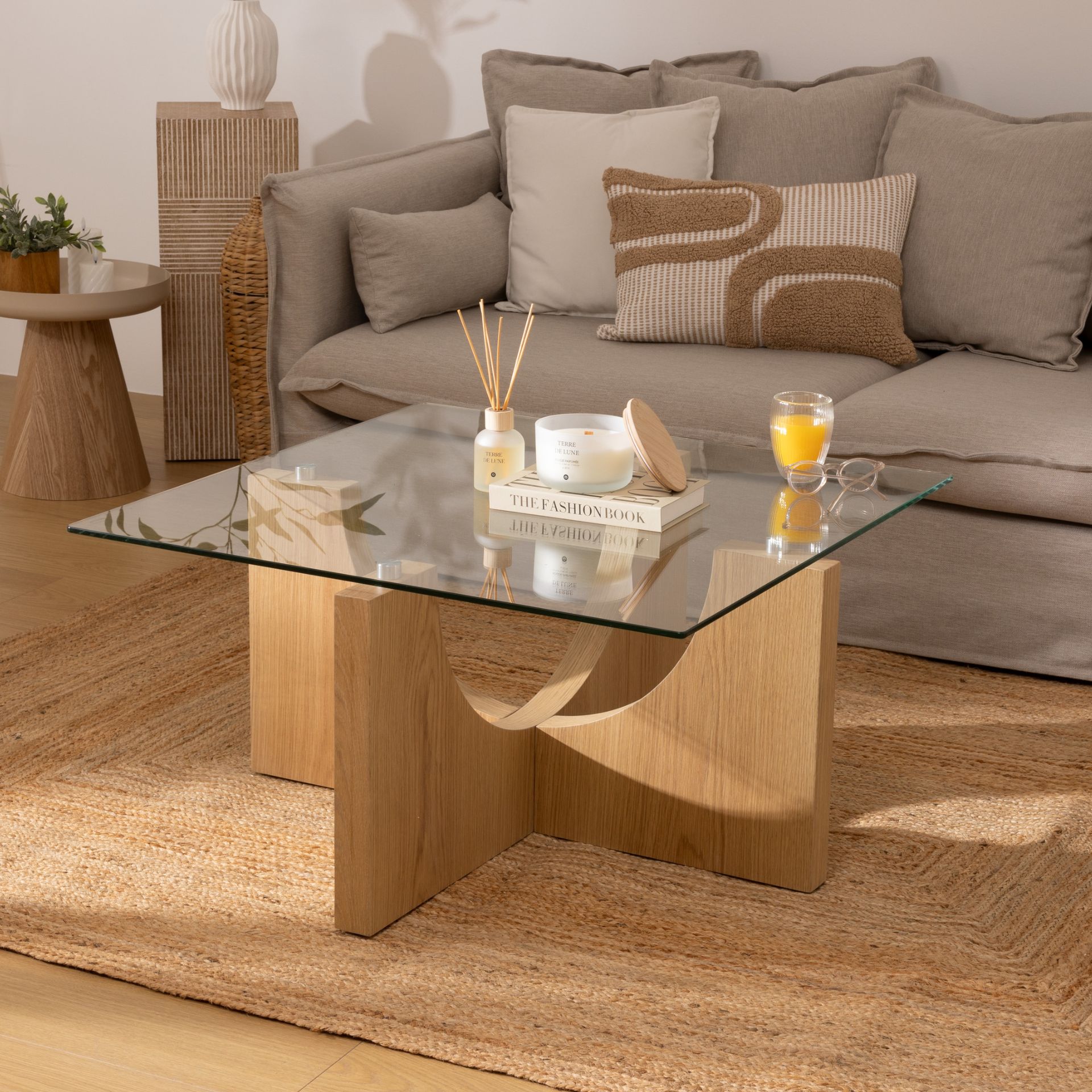 Mesa de centro de cristal y madera DM Milán 85x85x45cm