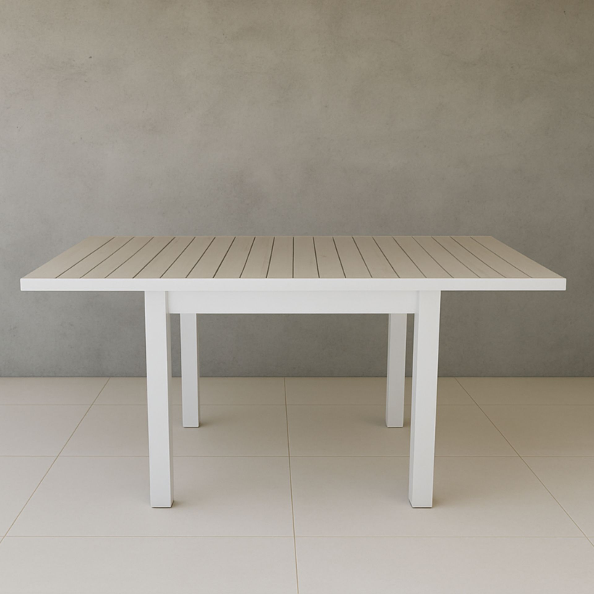 Mesa de jard&iacute;n extensible de aluminio blanco con efecto madera Albir 90/180x90x76cm