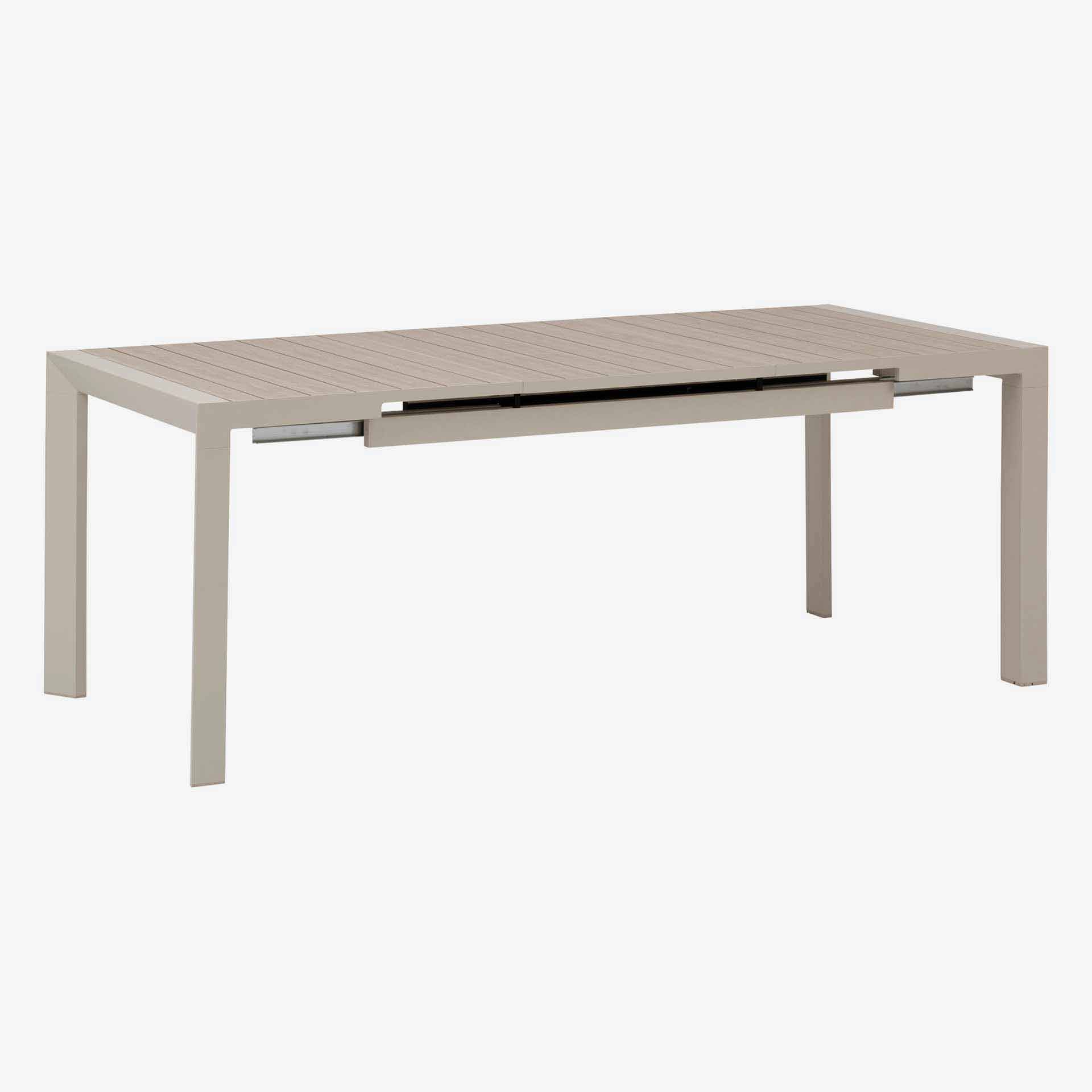 Mesa de comedor de jard&iacute;n extensible de aluminio efecto madera lino Evora 142x90x77cm