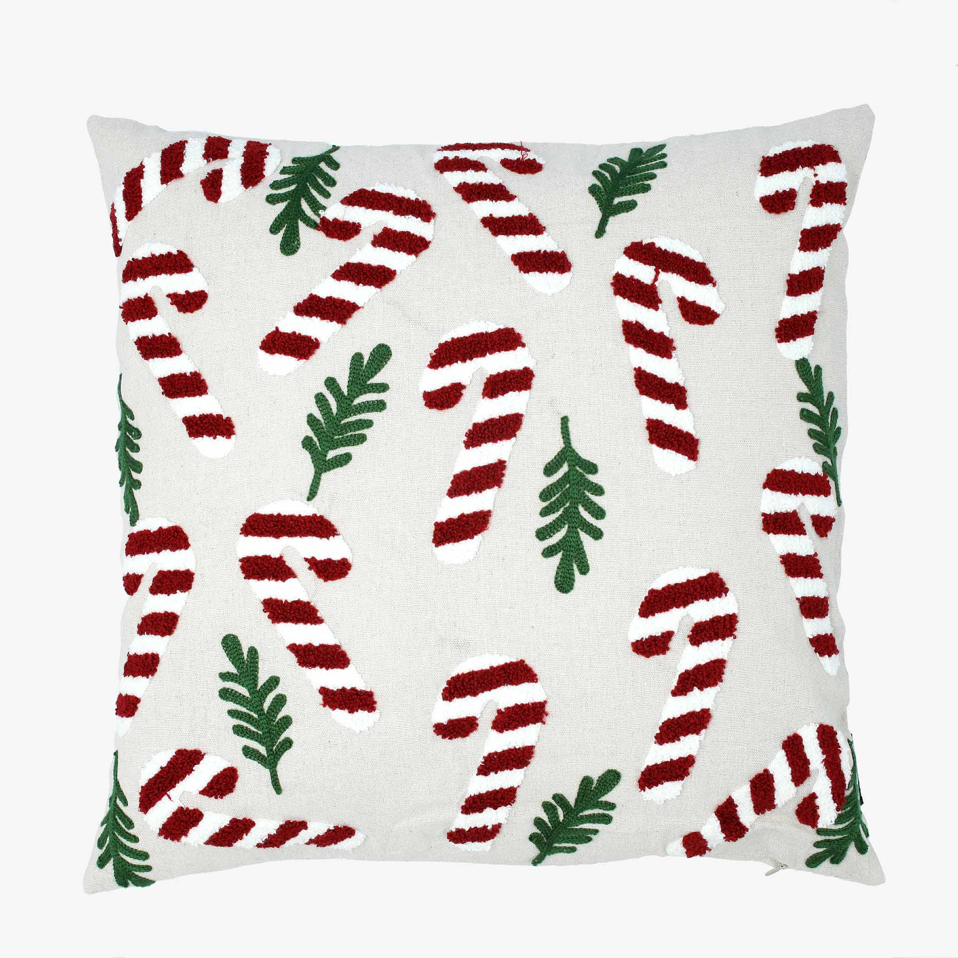 Funda de coj&iacute;n bastones de caramelo con acebo 45x45cm