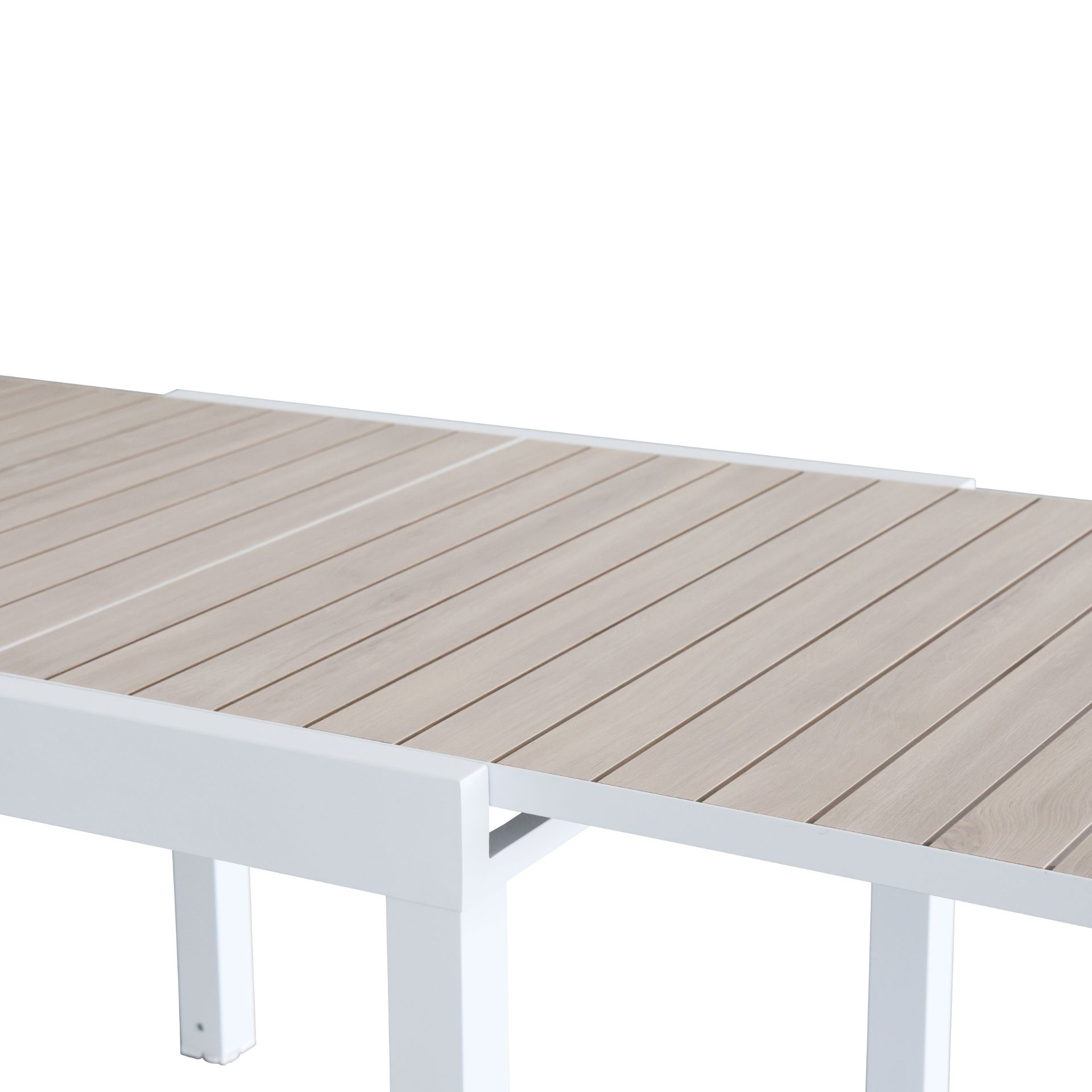 Mesa de jard&iacute;n extensible de aluminio blanco con efecto madera Albir 90/180x90x76cm