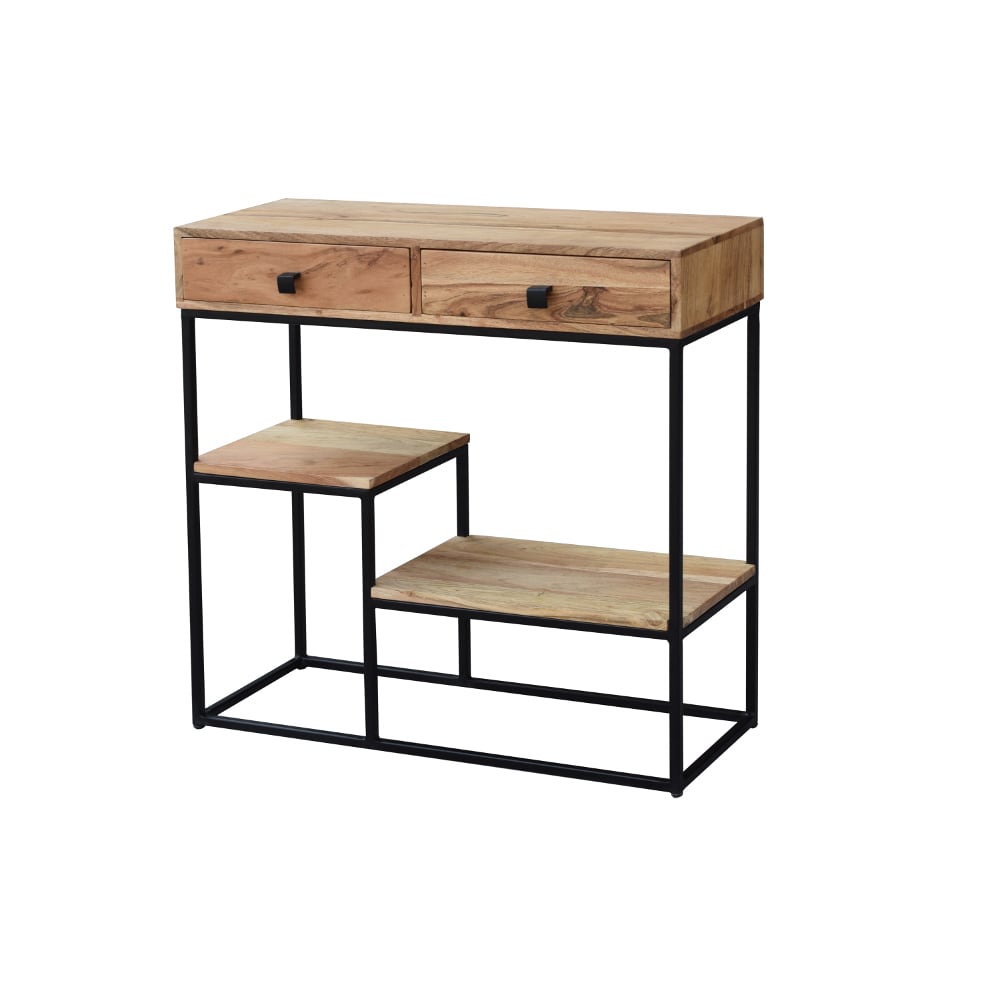 Consola de madera acacia con dos cajones y estantes Bremen 80x30x81cm