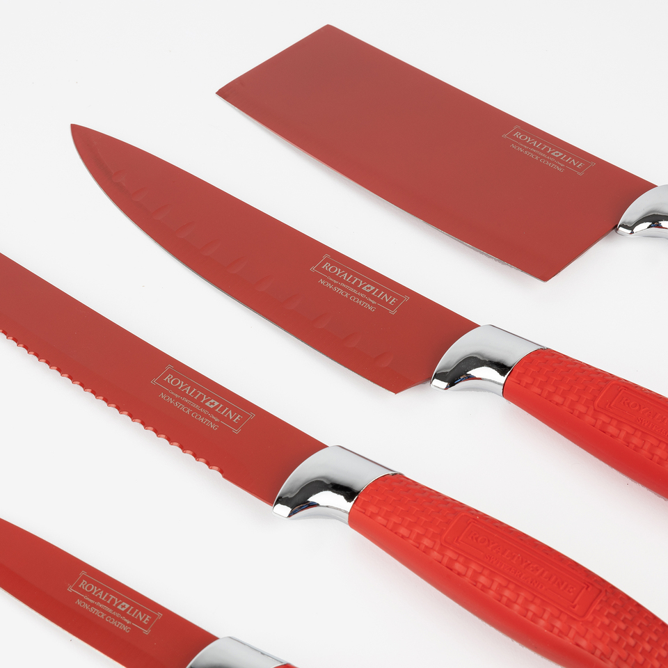 Set de 5 cuchillos y utensilios de acero inoxidable rojo