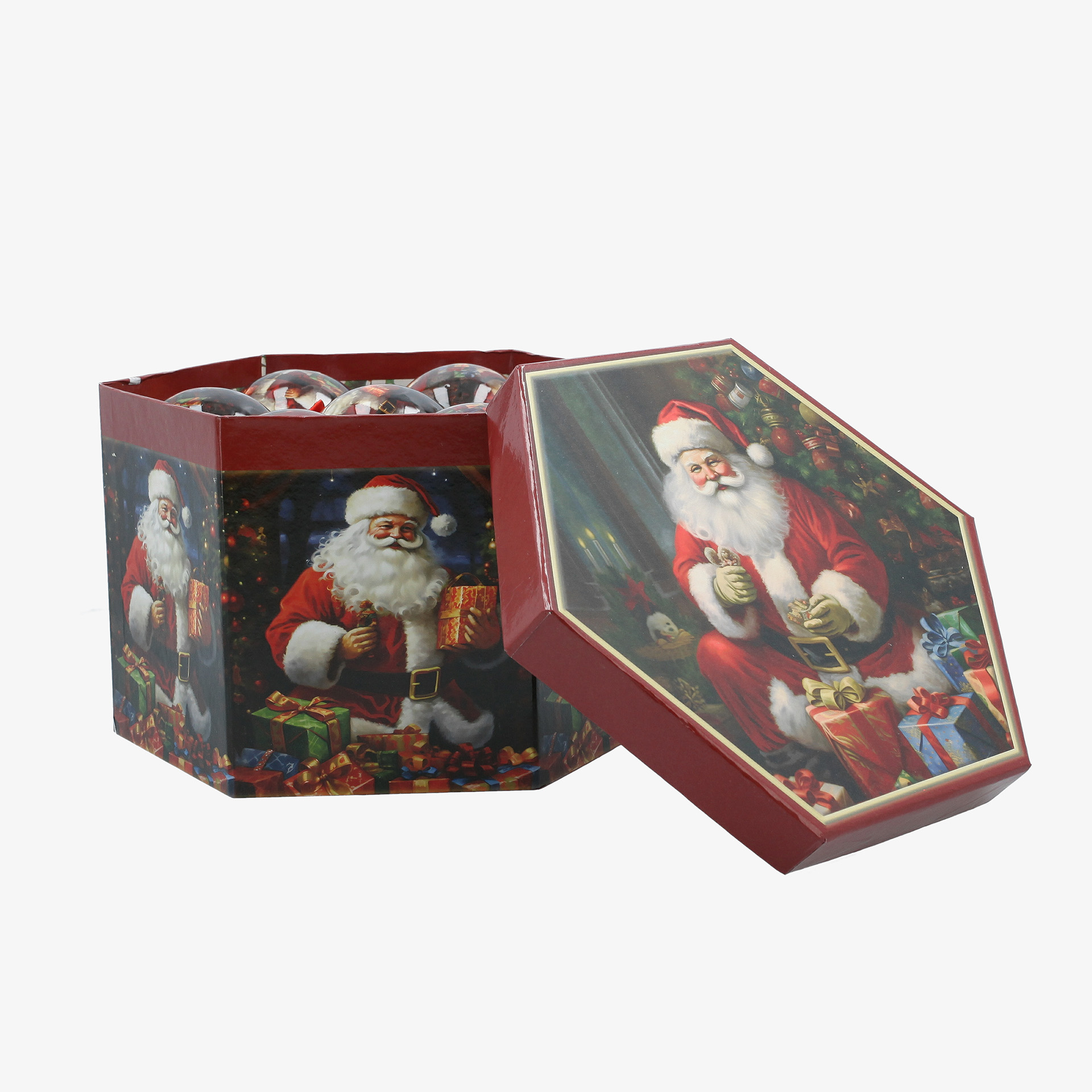 Set de 14 bolas de Navidad de Pap&aacute; Noel con regalos &Oslash;7,5cm