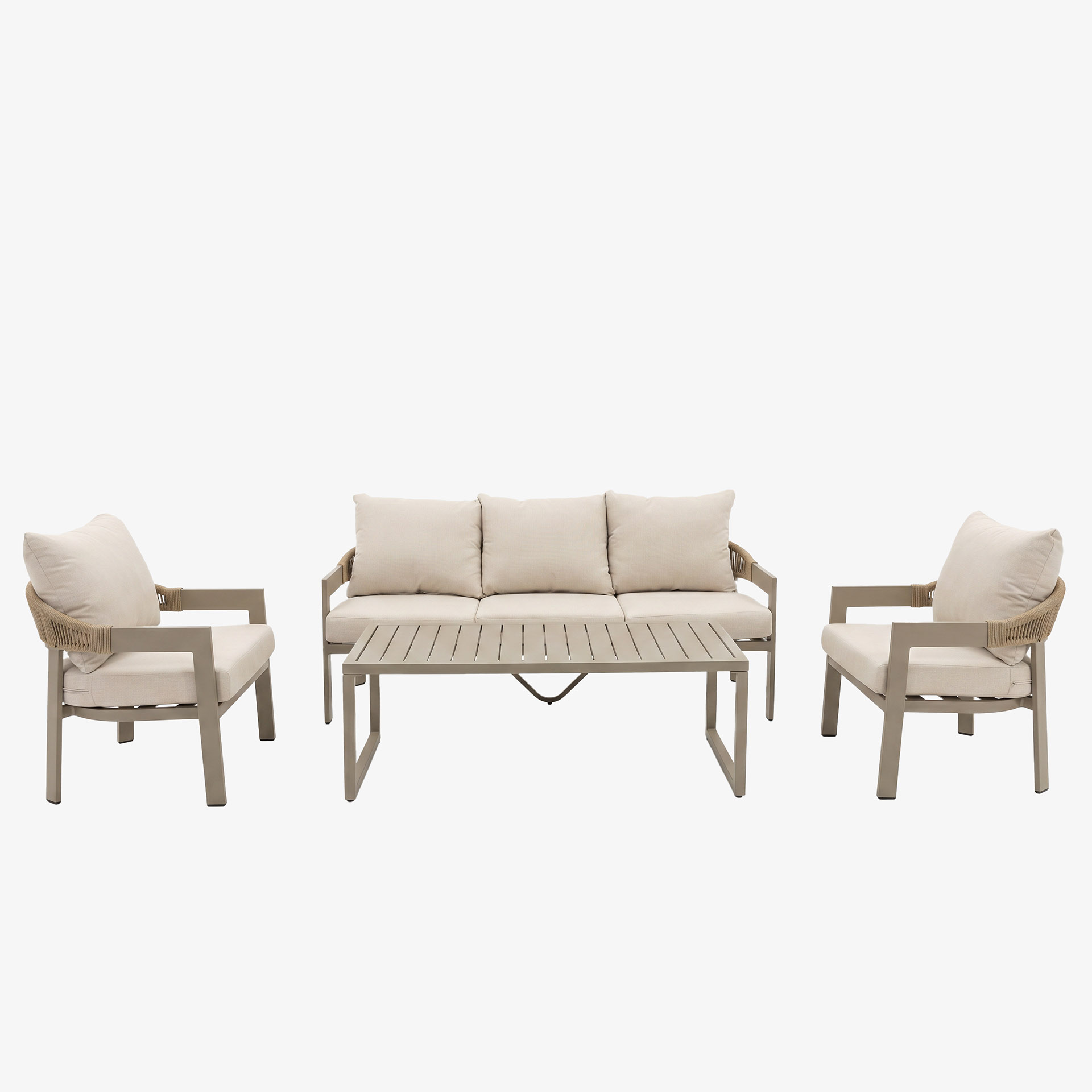 Set de jard&iacute;n de 4 piezas de aluminio y cuerda beige Portofino