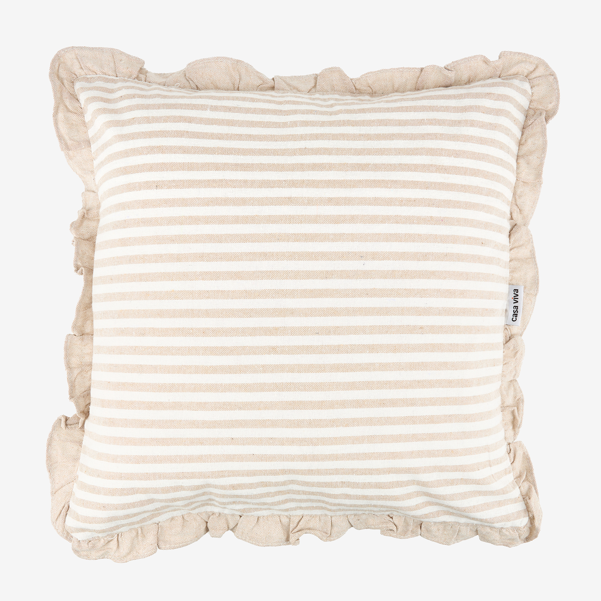 Funda de coj&iacute;n de algod&oacute;n volante rayas beige Timoti 45x45cm