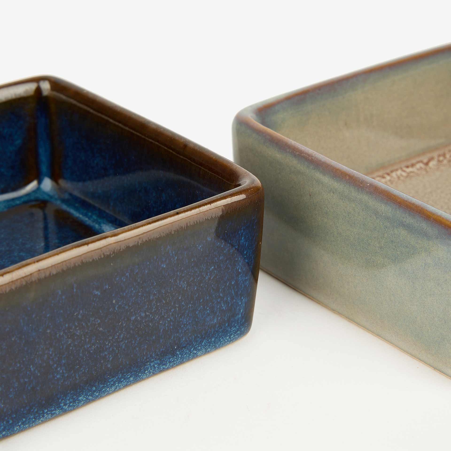 Set de 2 cuencos de cerámica de colores con bandeja de madera