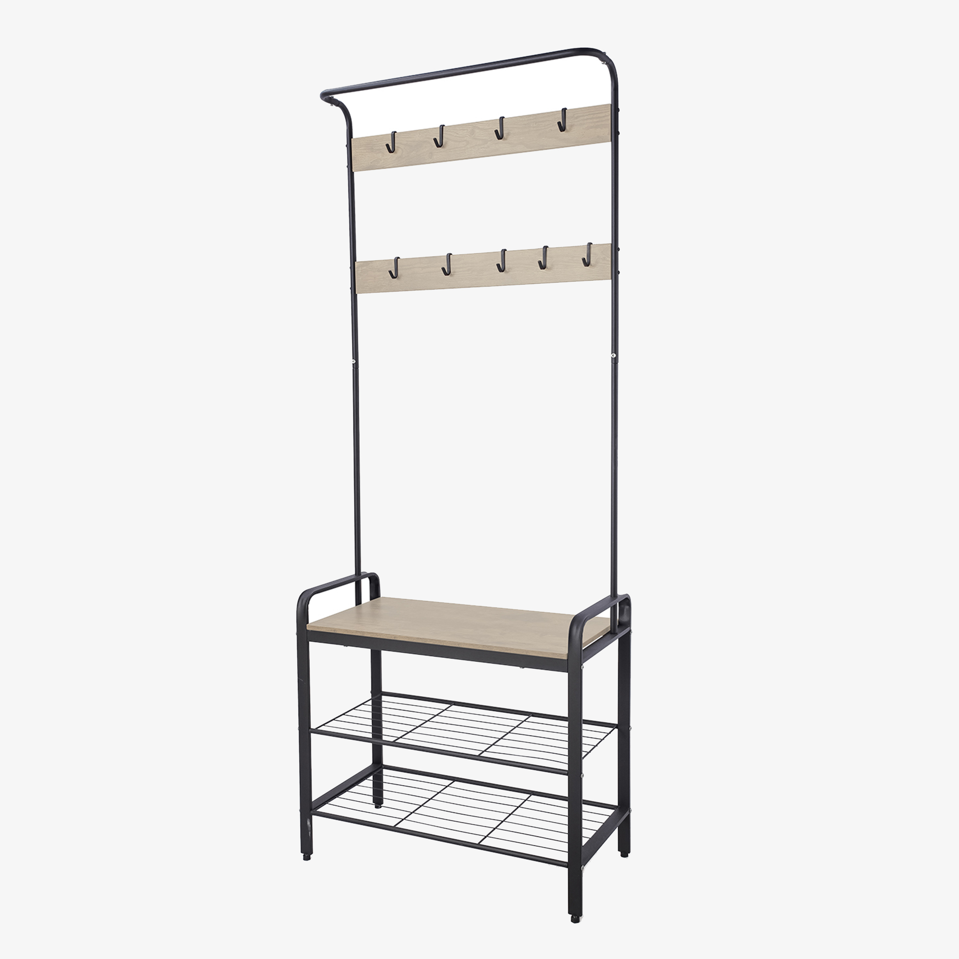 Perchero de recibidor con banco y zapatero negro de metal y MDF natural 76x40x180cm
