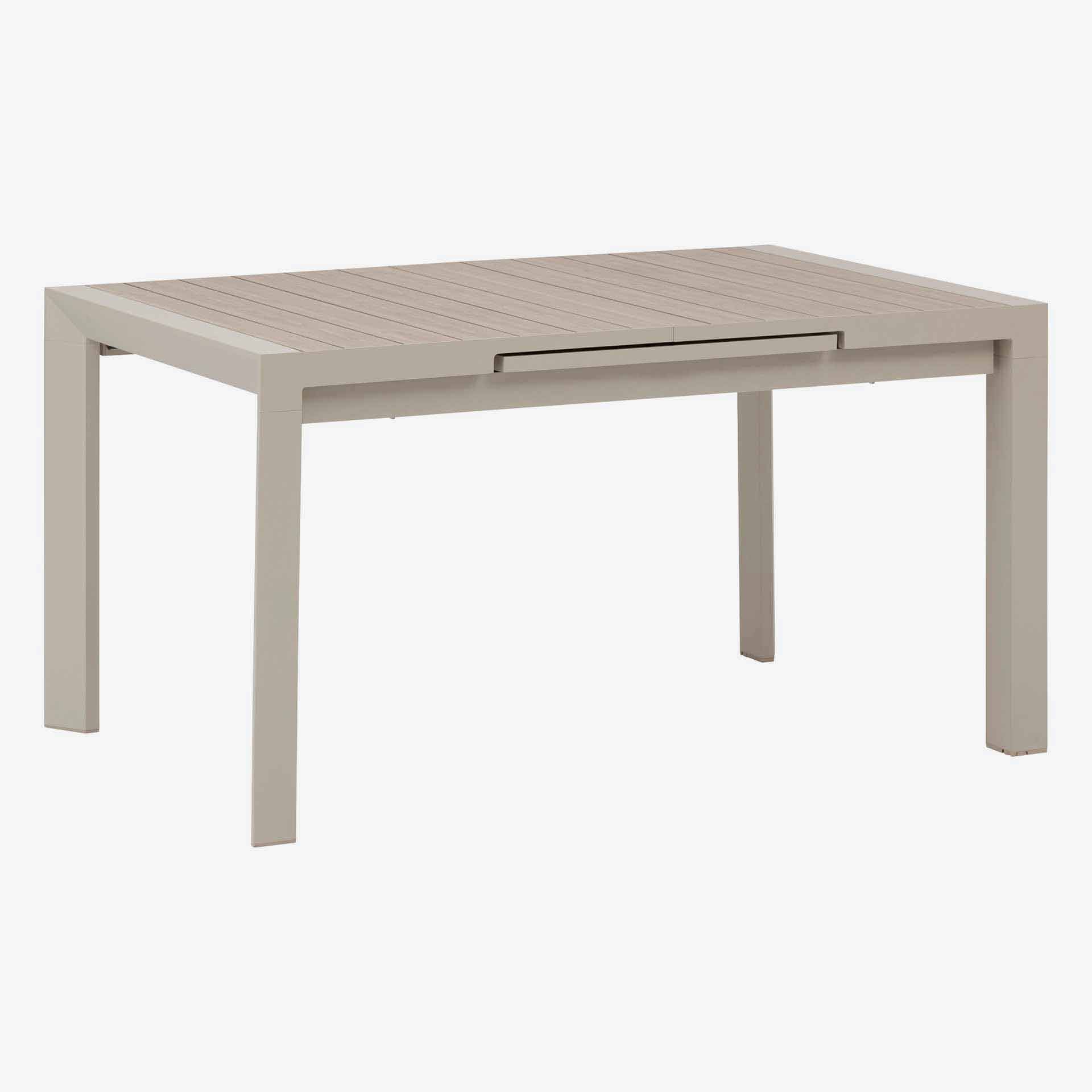 Mesa de comedor de jard&iacute;n extensible de aluminio efecto madera lino Evora 142x90x77cm