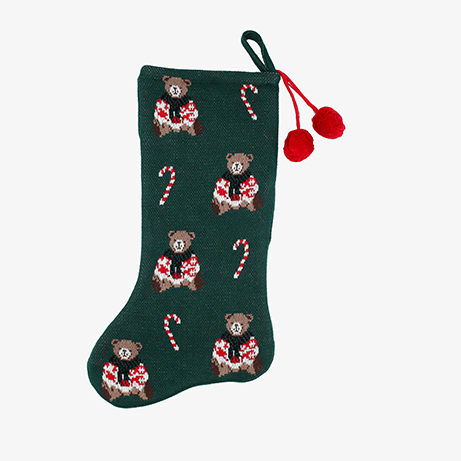 Calcet&iacute;n de Navidad de punto verde con ositos Teddy