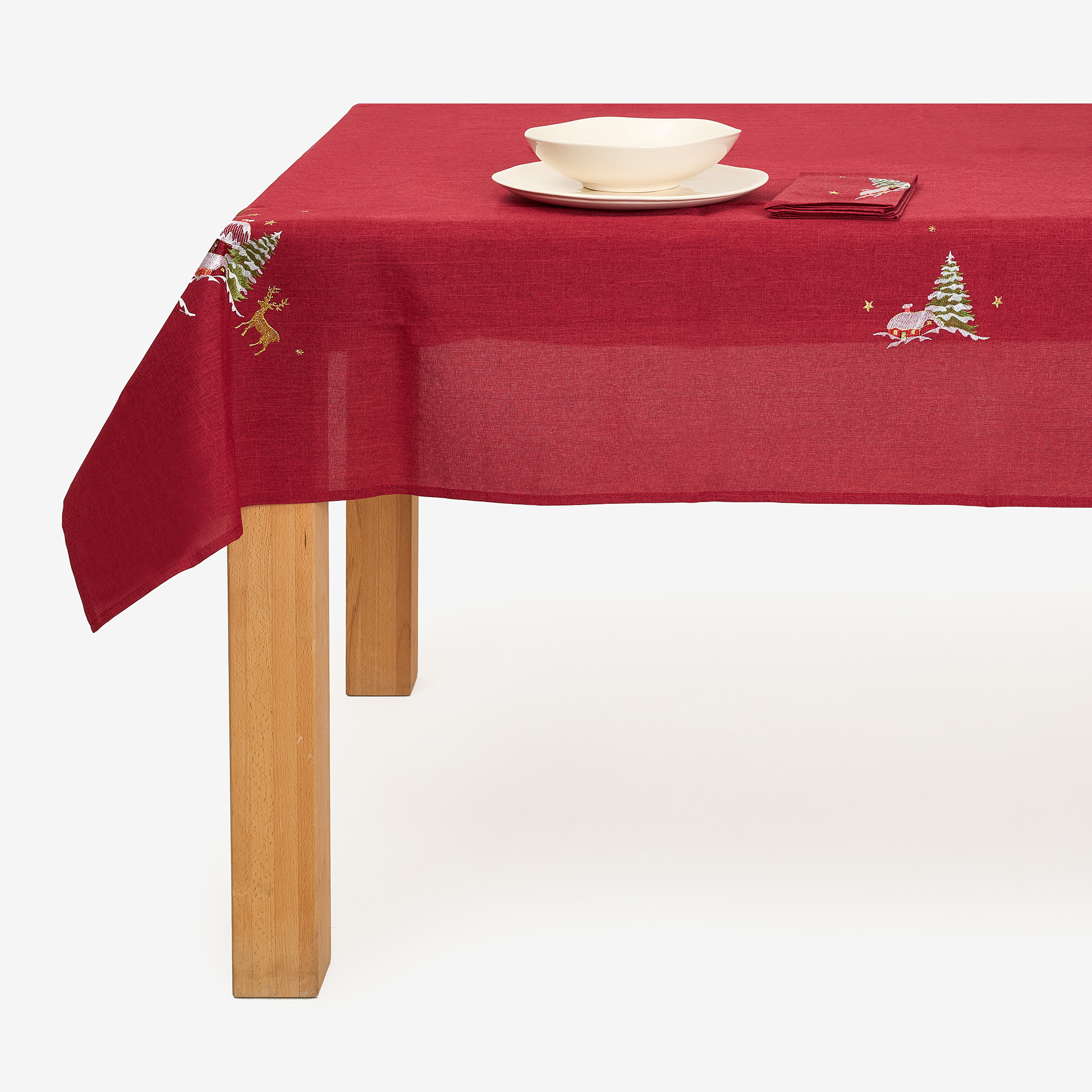 Mantel rojo bordado Pueblo 150x300cm