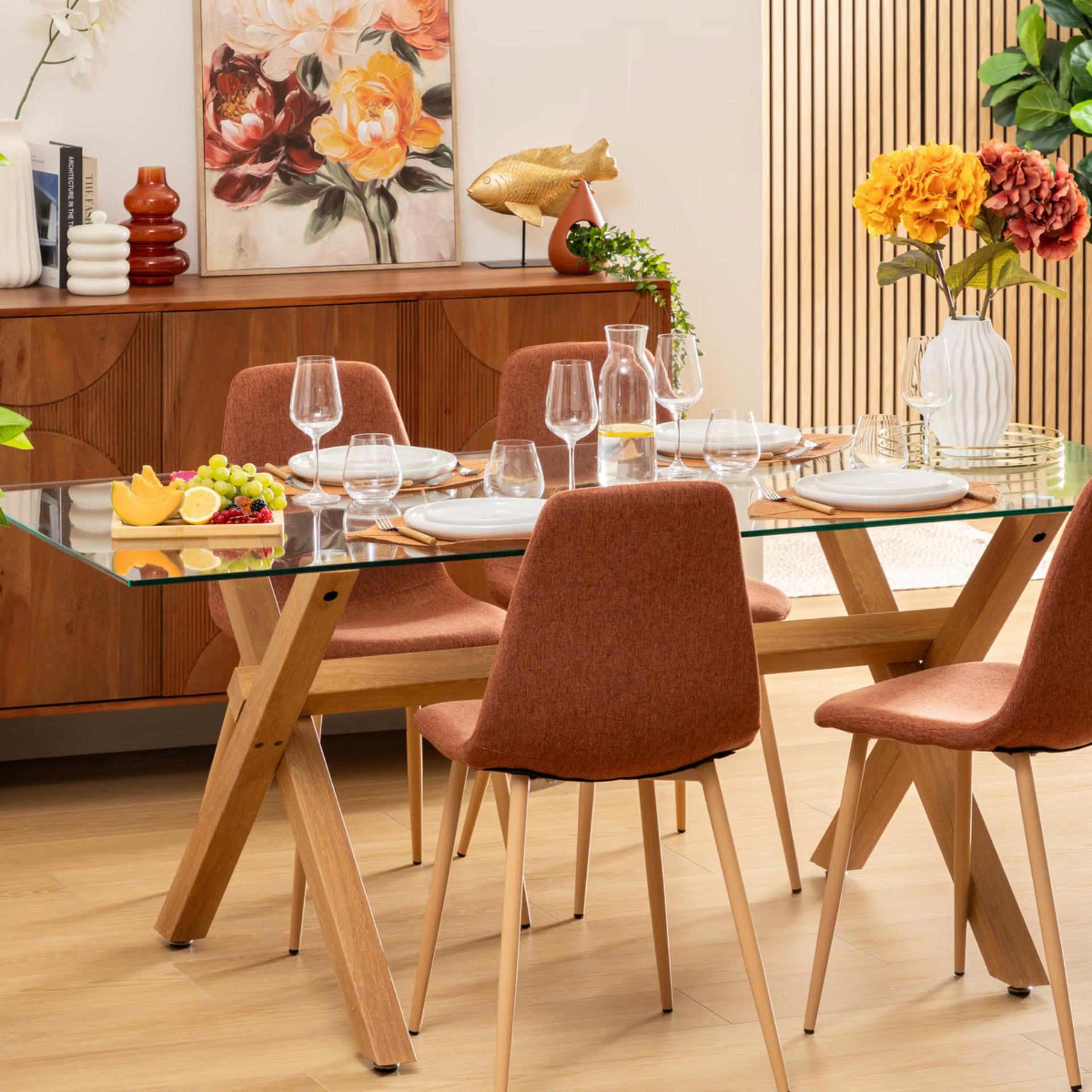 Mesa de comedor de vidrio y metal efecto roble 180x90cm 